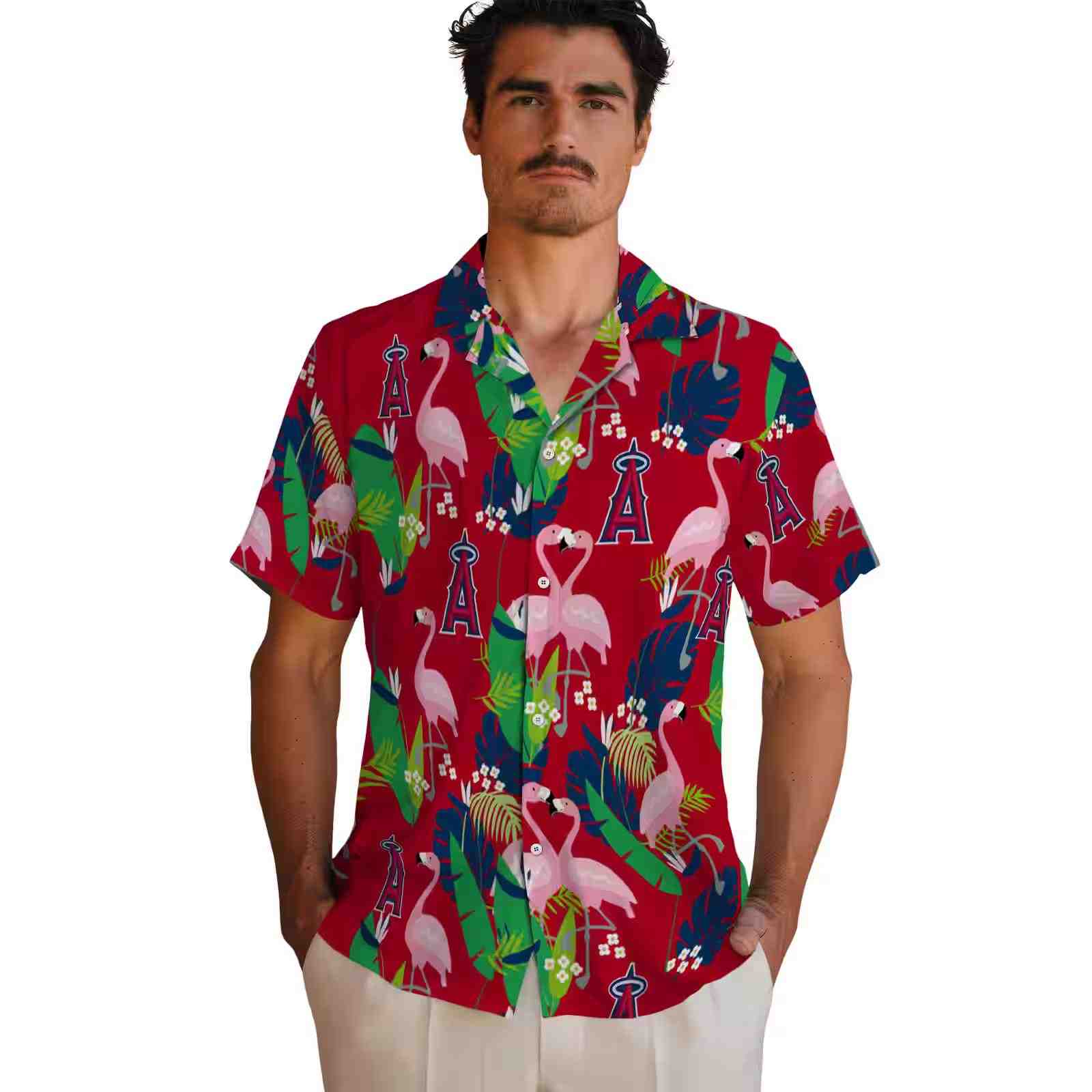 los angeles angels flamingo foliage blue green hawaiian shirt fashion forward