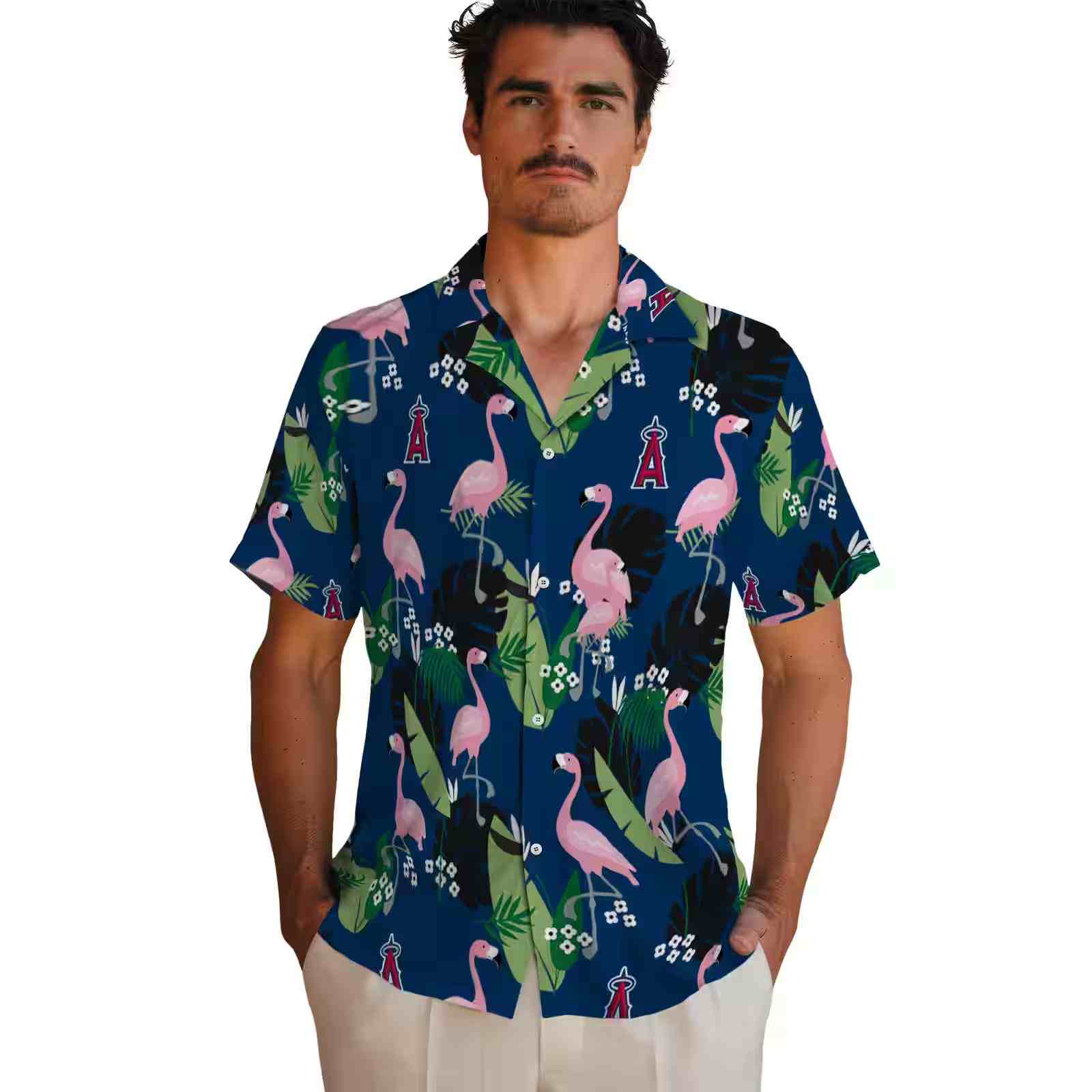 los angeles angels flamingo leaf motif blue hawaiian shirt fashion forward