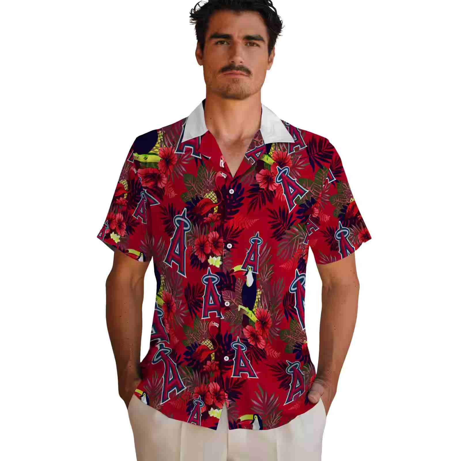 los angeles angels floral toucan blue red hawaiian shirt fashion forward