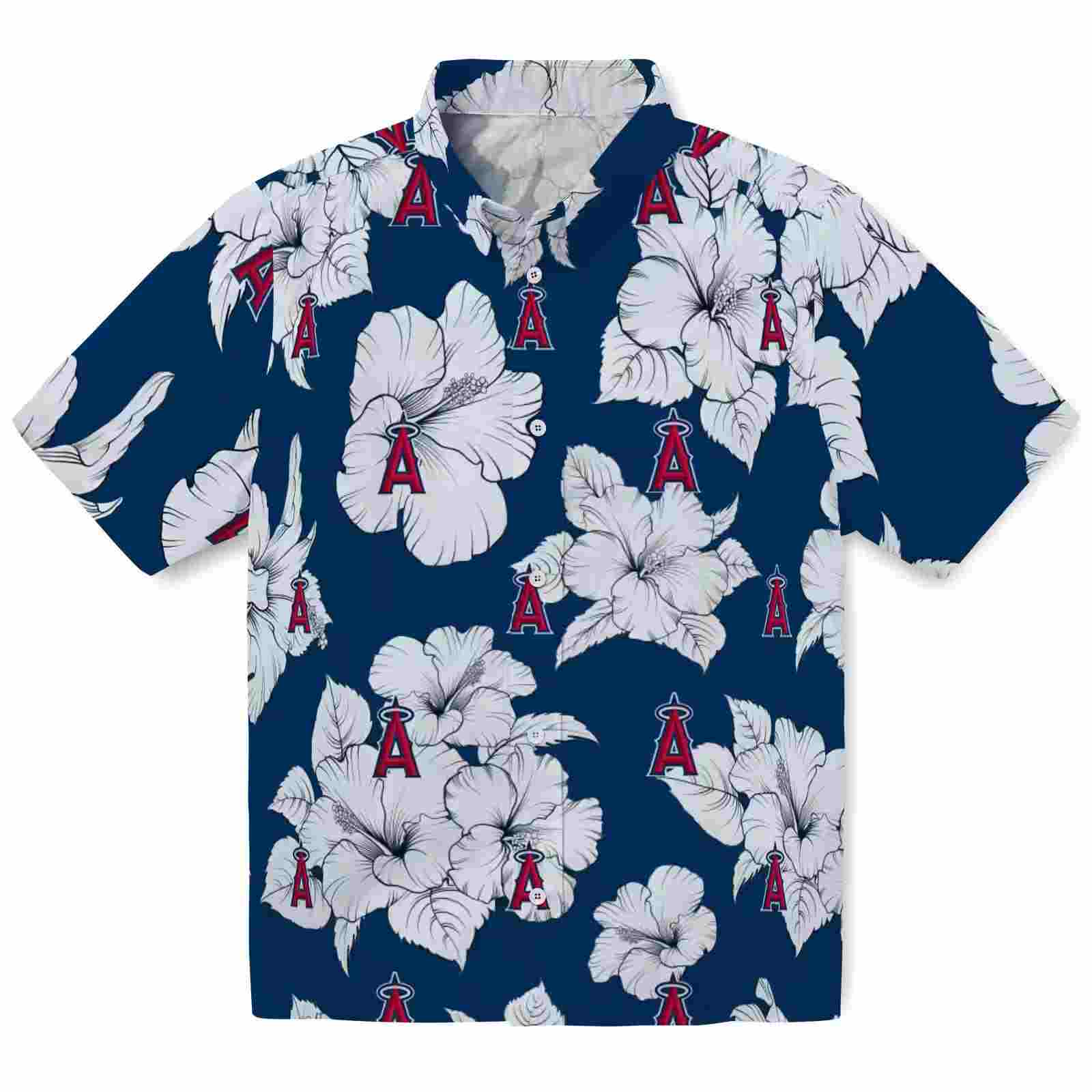 Los Angeles Angels Hibiscus Blooms Blue White Hawaiian Shirt