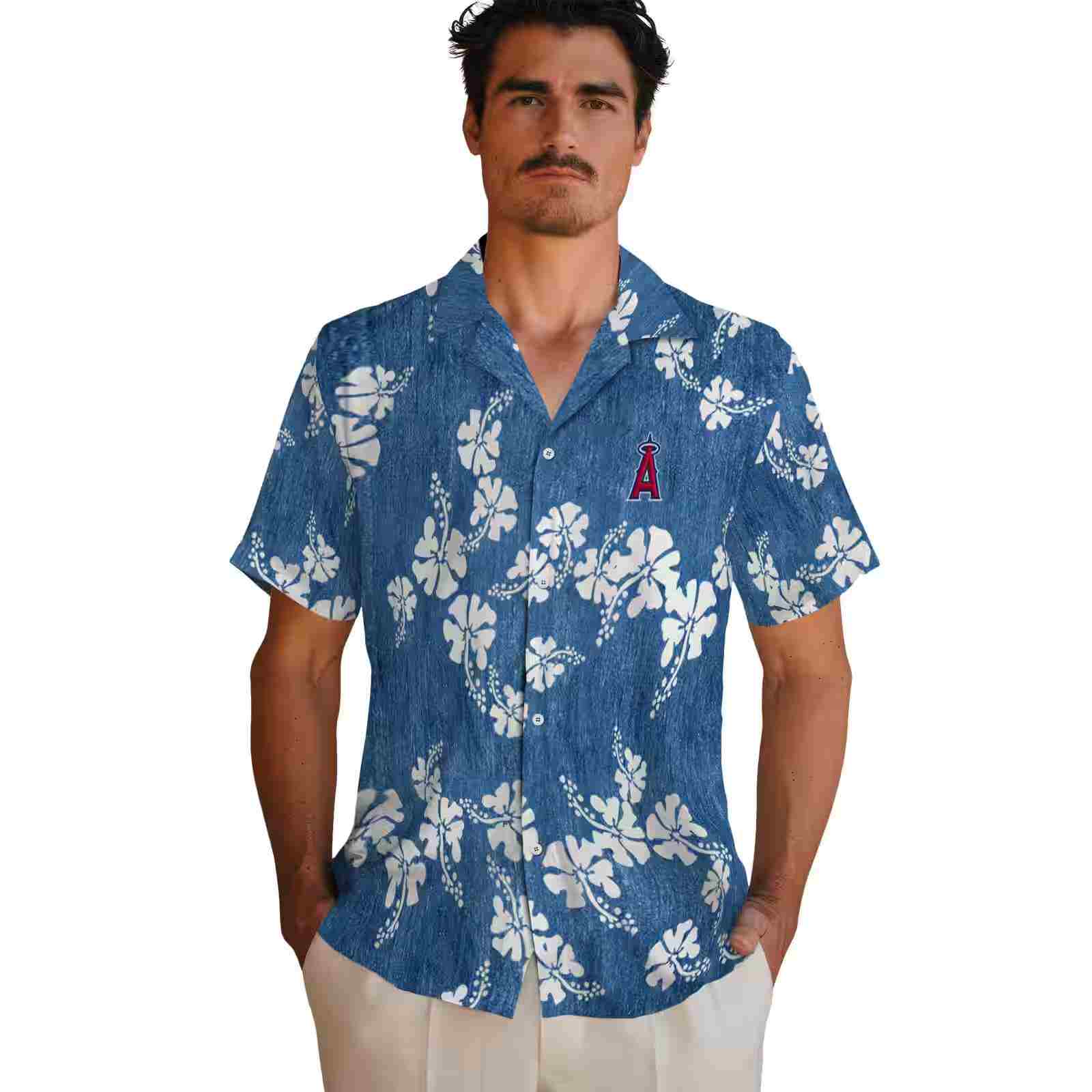 los angeles angels hibiscus clusters blue hawaiian shirt fashion forward