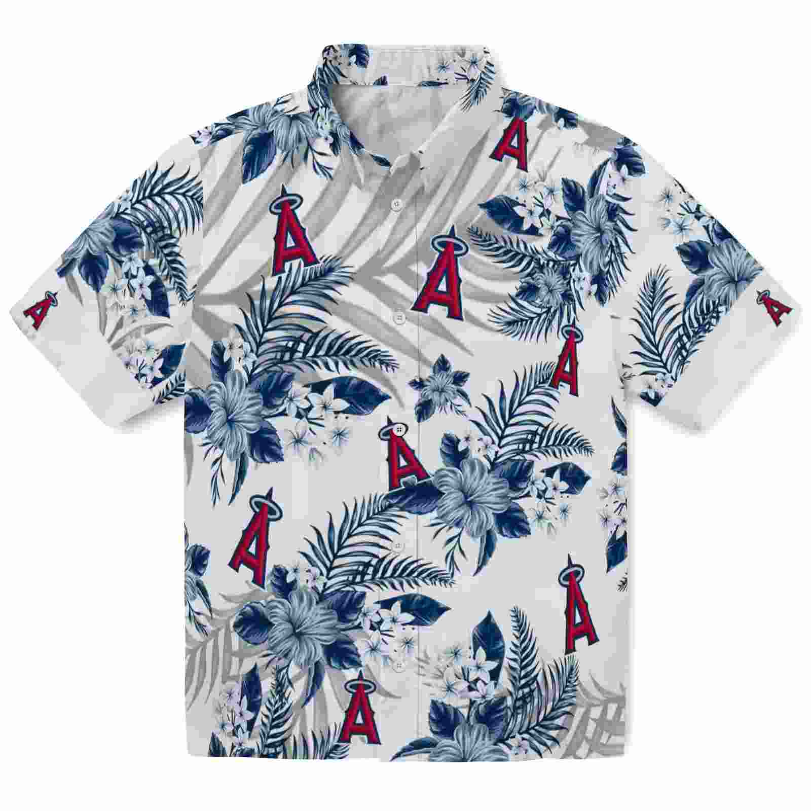 Los Angeles Angels Hibiscus Palm Leaves Blue White Hawaiian Shirt