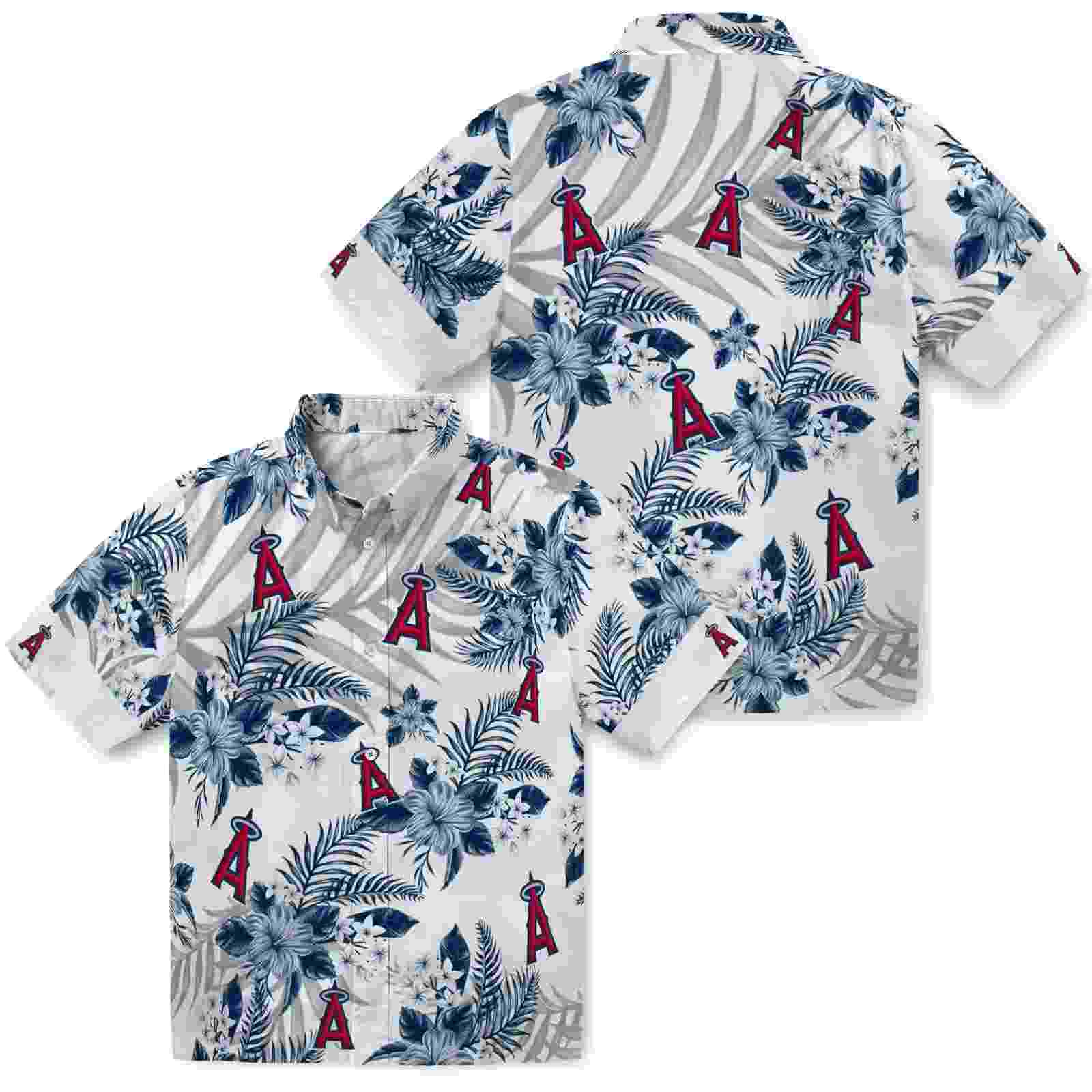 los angeles angels hibiscus palm leaves blue white hawaiian shirt high quality