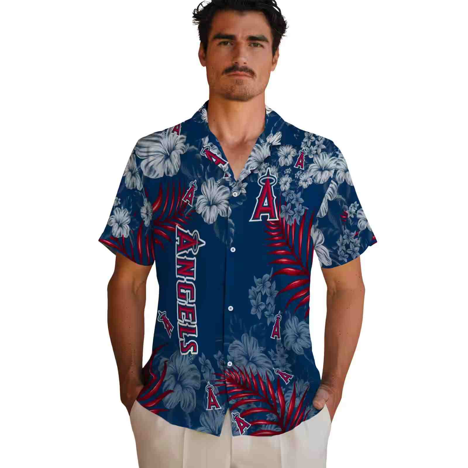 los angeles angels hibiscus print blue hawaiian shirt fashion forward