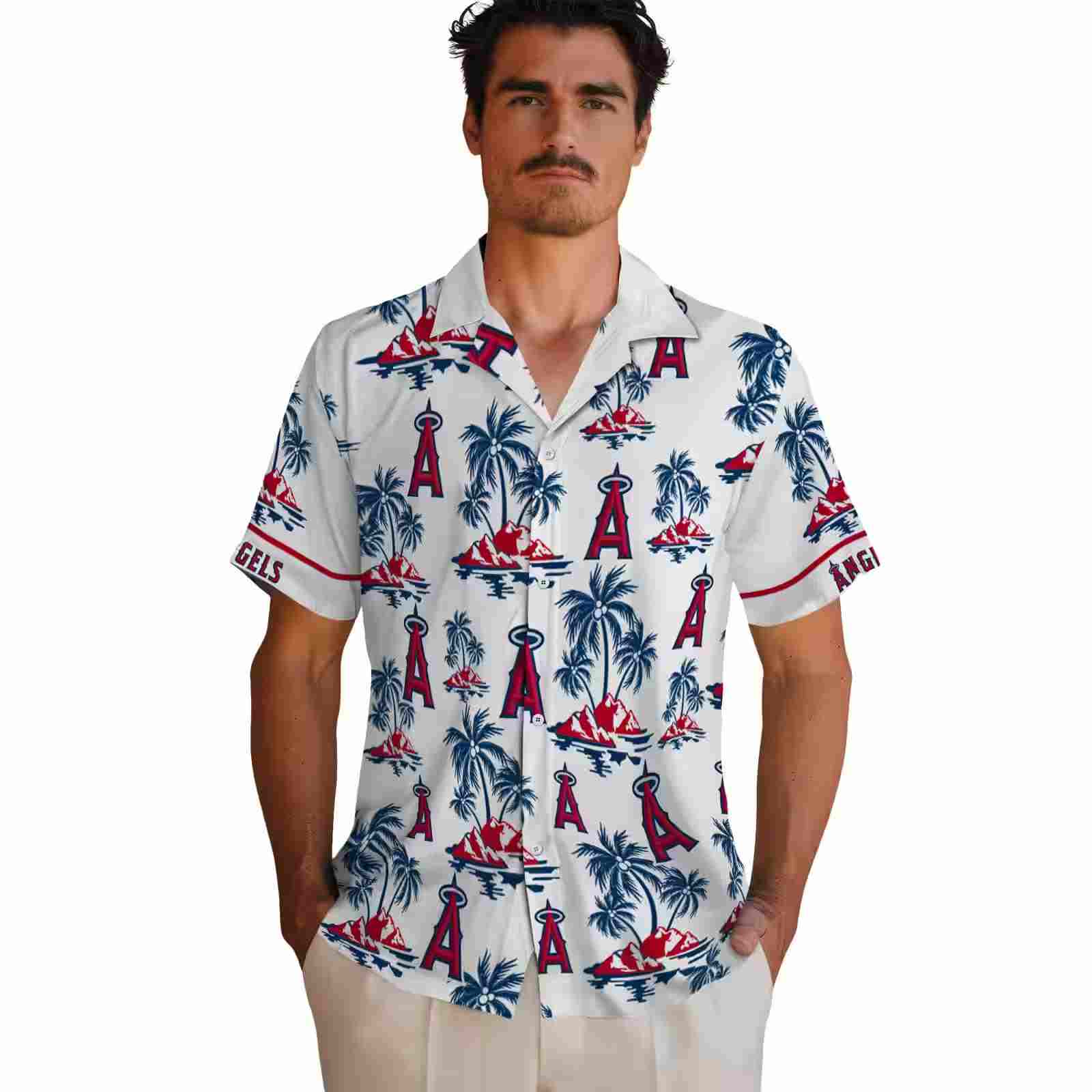 los angeles angels palm island print blue white hawaiian shirt fashion forward