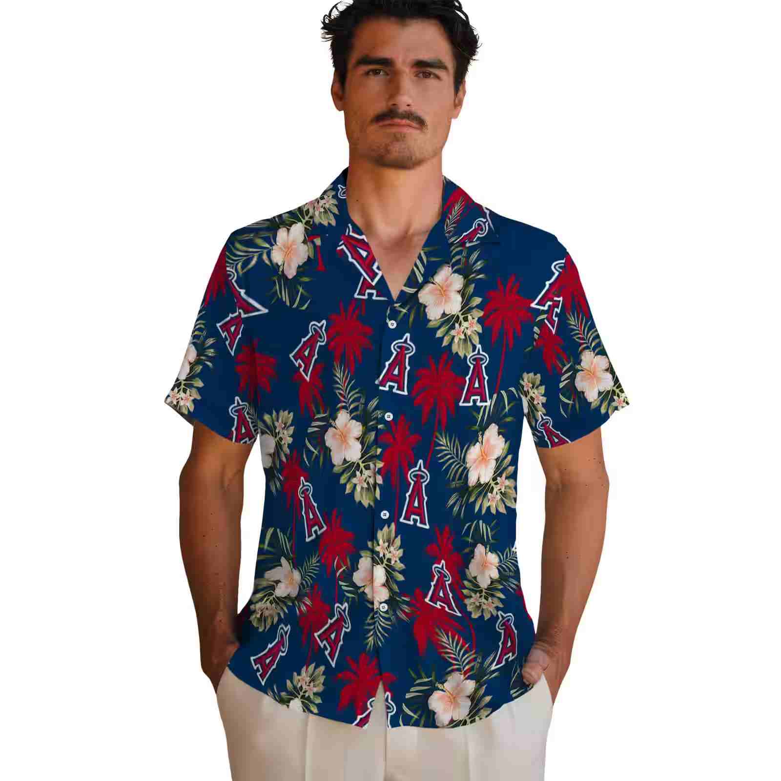 los angeles angels palm tree flower blue hawaiian shirt fashion forward