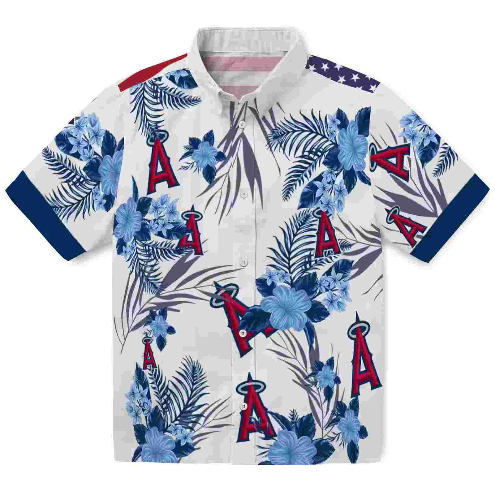 Los Angeles Angels Patriotic Hibiscus Design Blue White Hawaiian Shirt