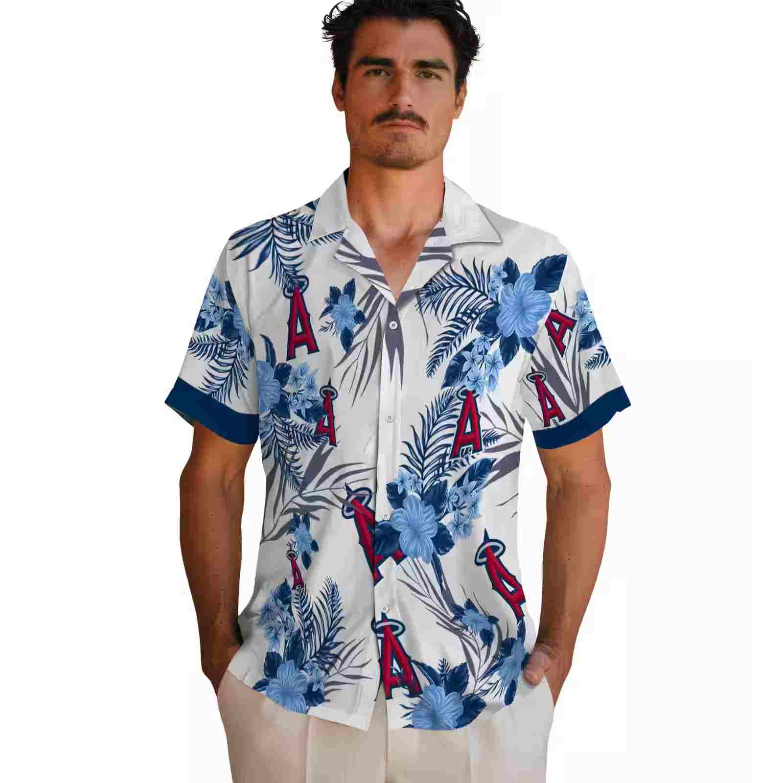 los angeles angels patriotic hibiscus design blue white hawaiian shirt fashion forward