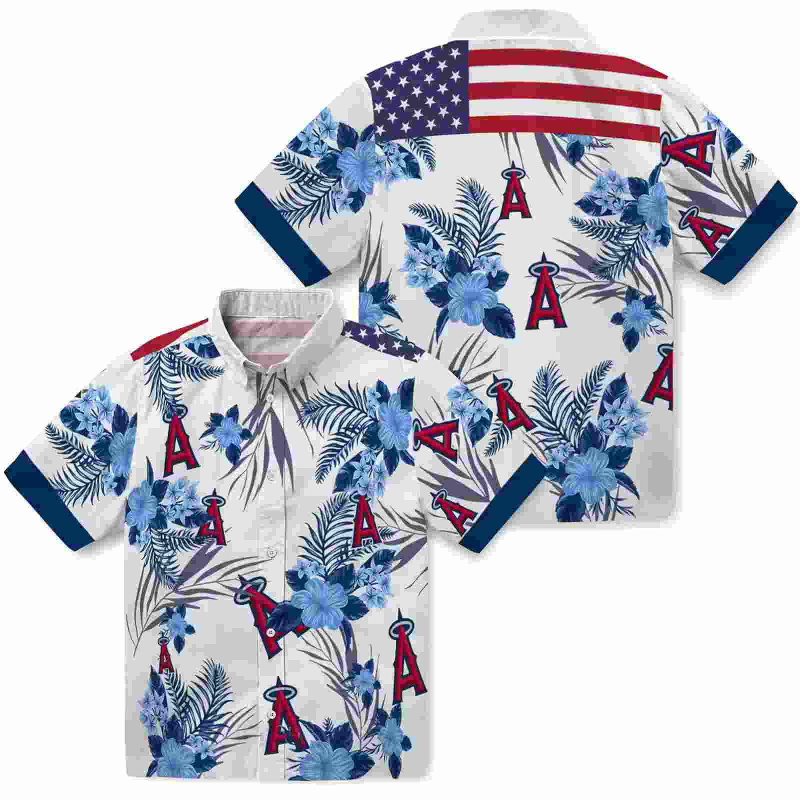 los angeles angels patriotic hibiscus design blue white hawaiian shirt high quality