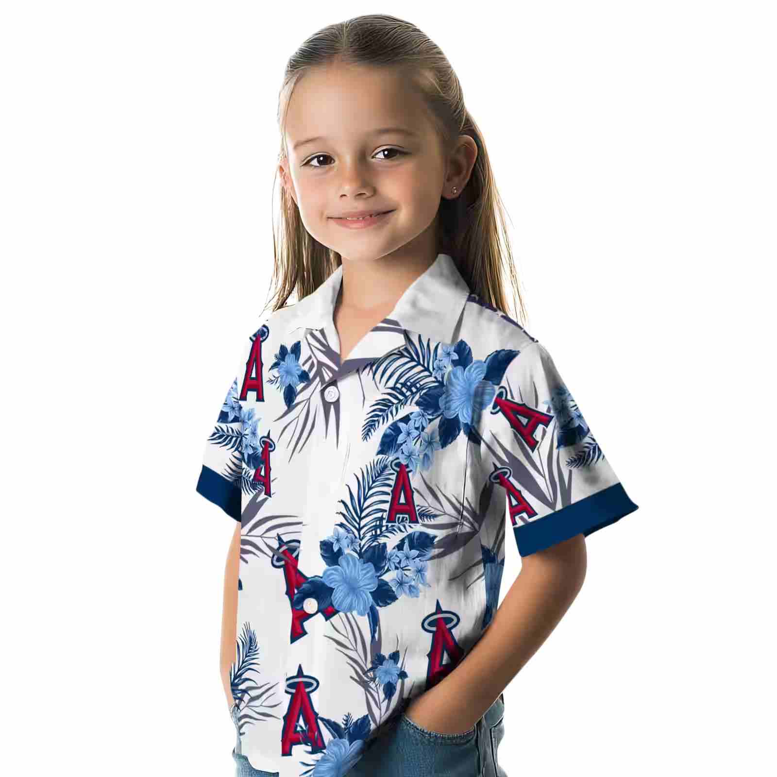 los angeles angels patriotic hibiscus design blue white hawaiian shirt premium grade