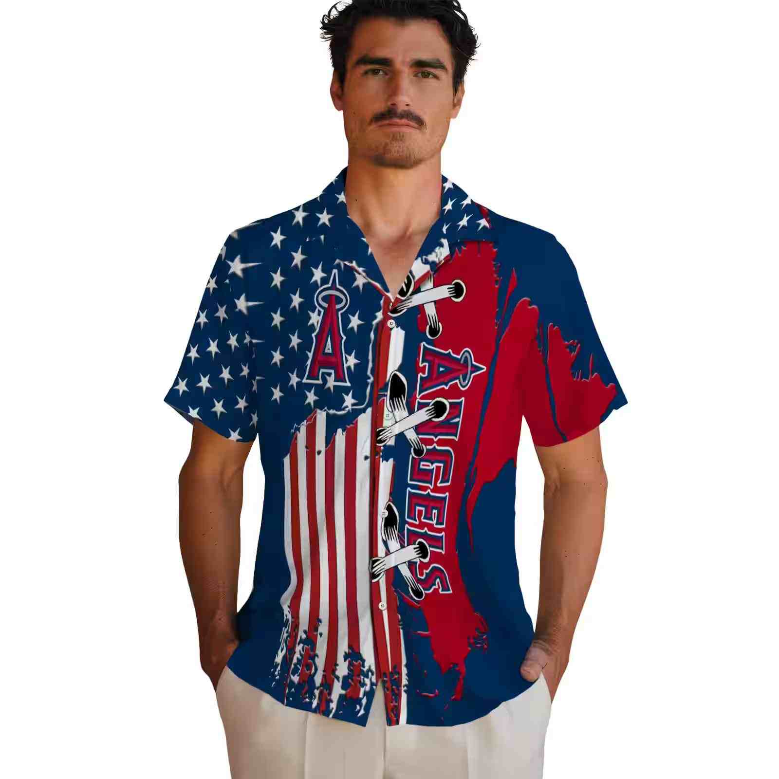 los angeles angels stitched flag blue hawaiian shirt fashion forward