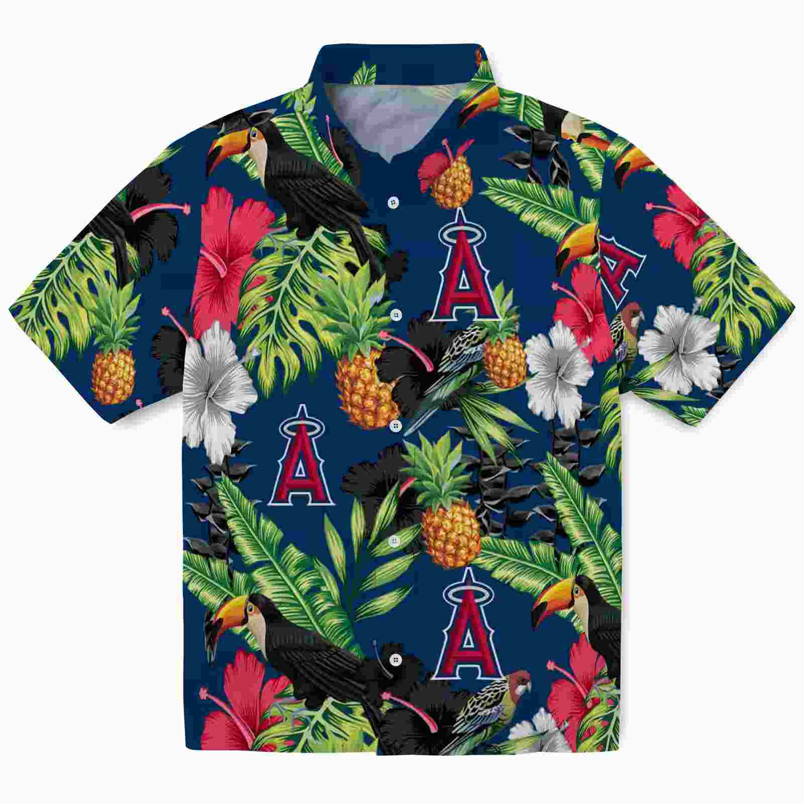 Los Angeles Angels Toucan Hibiscus Pineapple Blue Green Hawaiian Shirt