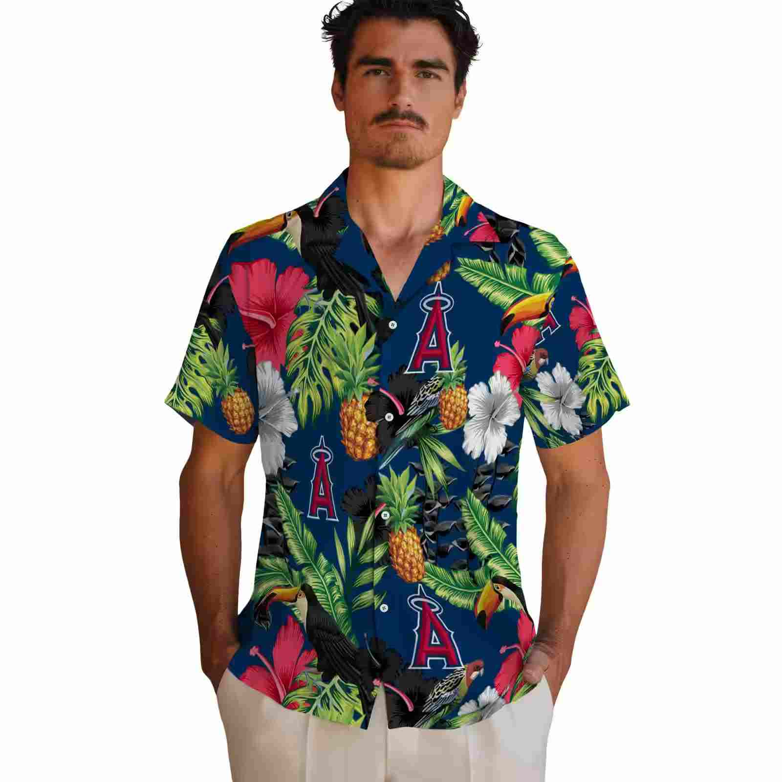 los angeles angels toucan hibiscus pineapple blue green hawaiian shirt fashion forward