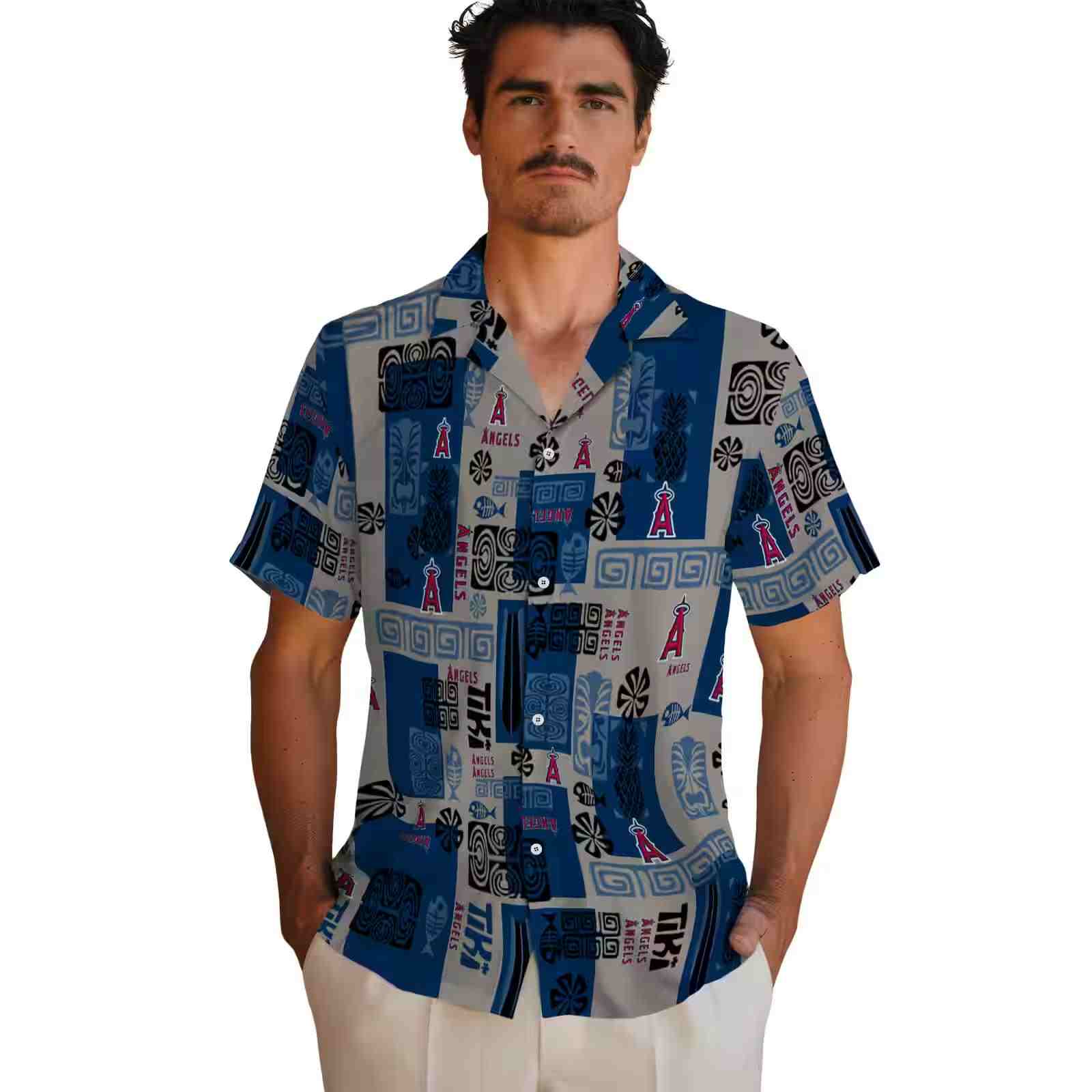 los angeles angels tribal symbols blue hawaiian shirt fashion forward