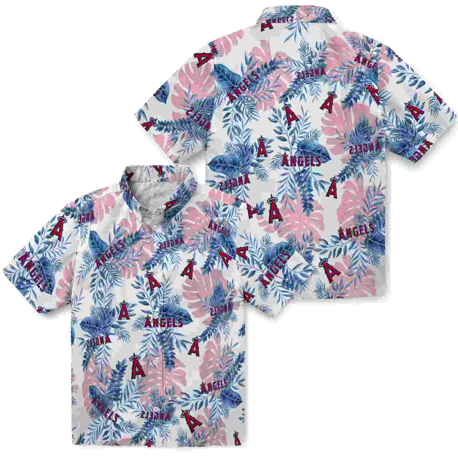 los angeles angels tropical leaves blue white hawaiian shirt high quality