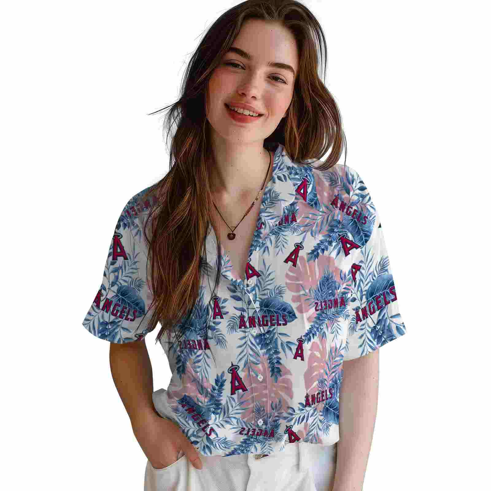 los angeles angels tropical leaves blue white hawaiian shirt latest model