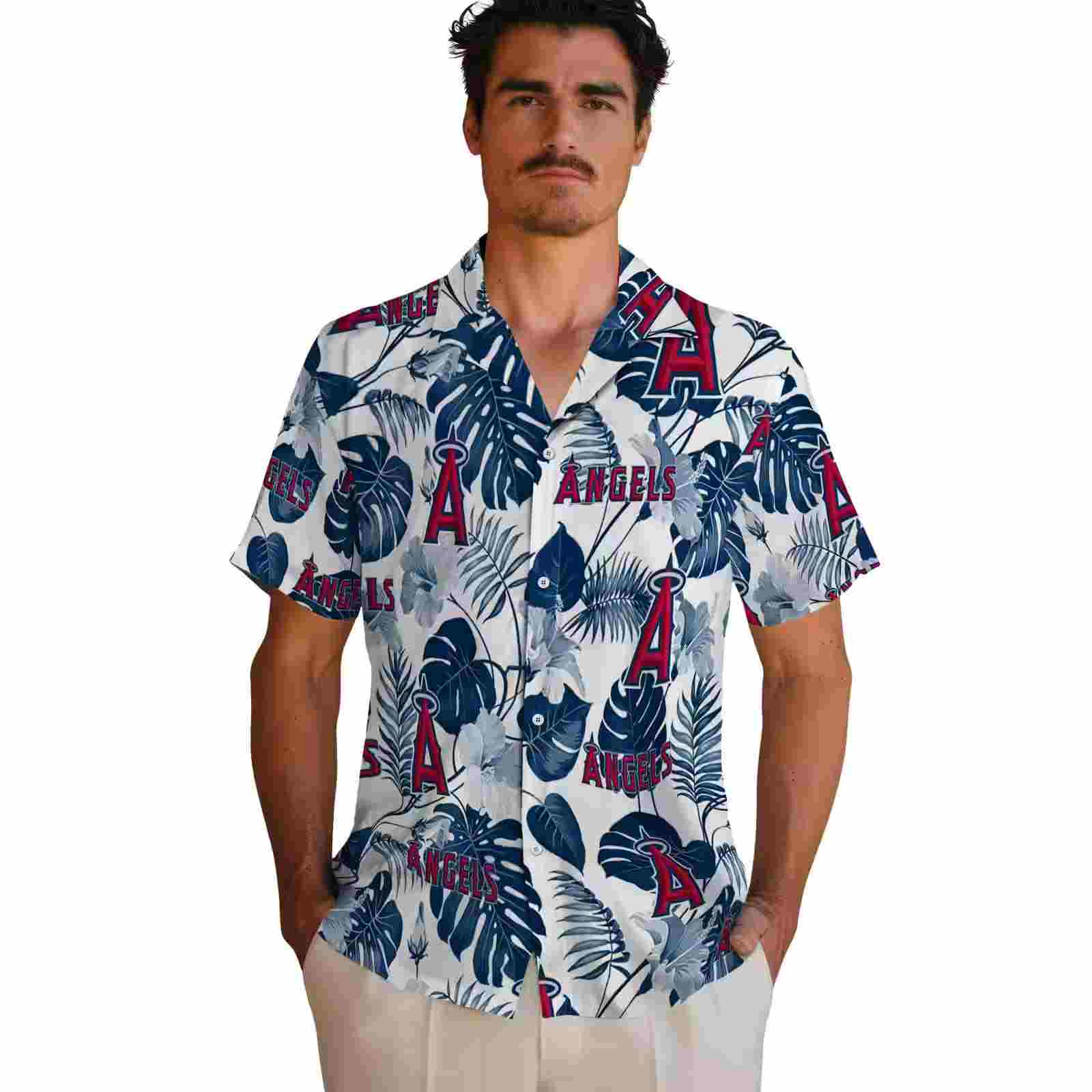 los angeles angels tropical plants blue white hawaiian shirt fashion forward