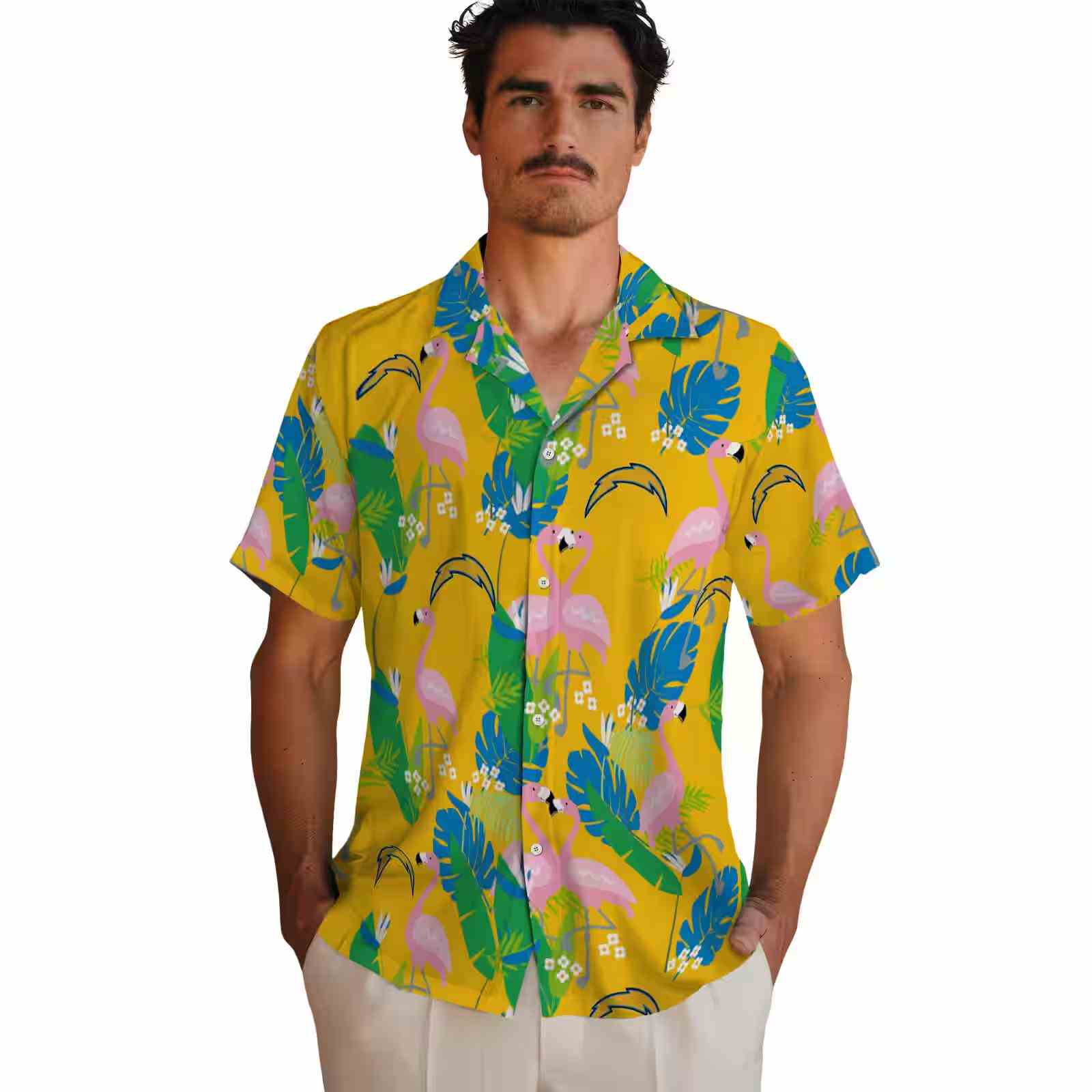 los angeles chargers flamingo foliage blue green hawaiian shirt fashion forward