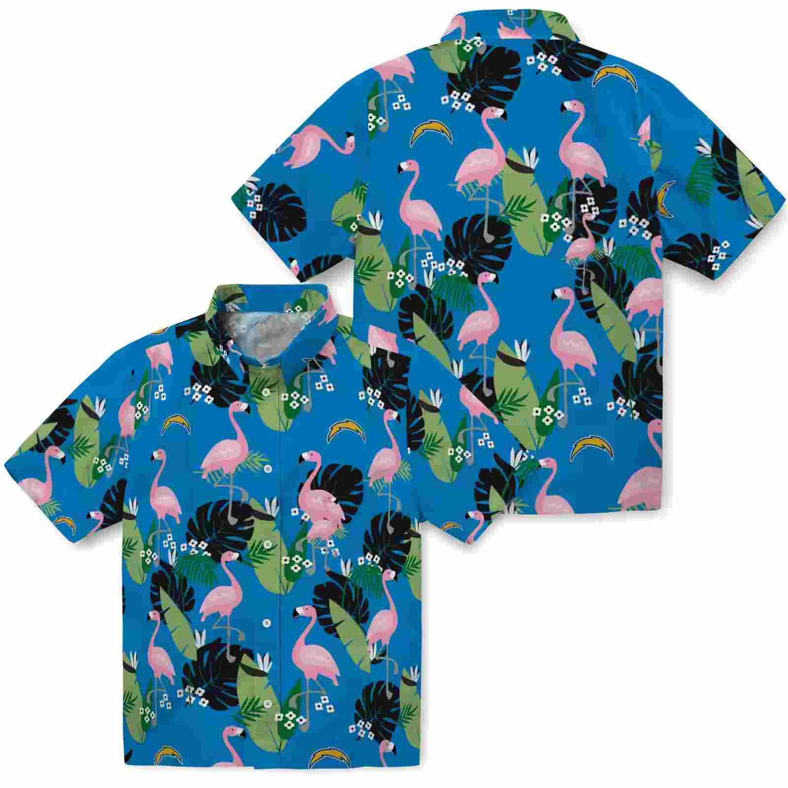 los angeles chargers flamingo leaf motif blue hawaiian shirt high quality