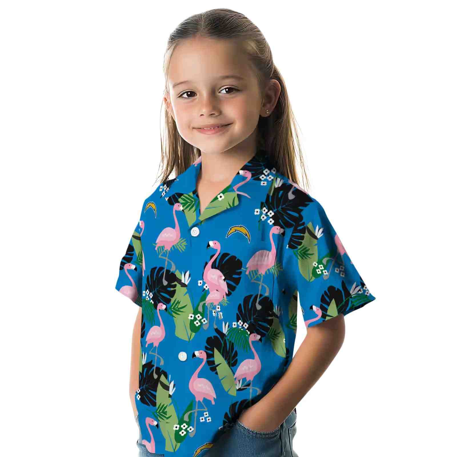 los angeles chargers flamingo leaf motif blue hawaiian shirt premium grade