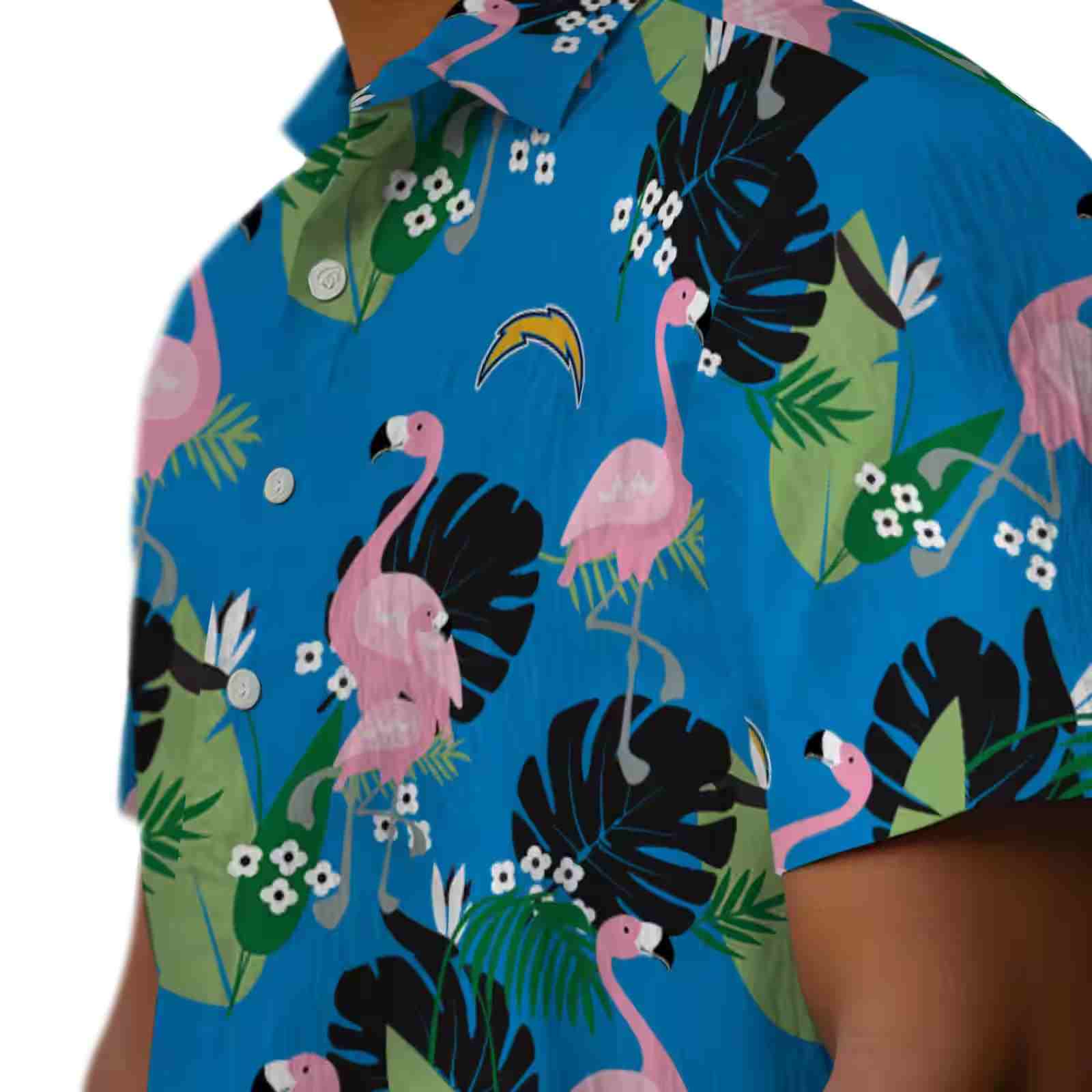 los angeles chargers flamingo leaf motif blue hawaiian shirt trendy