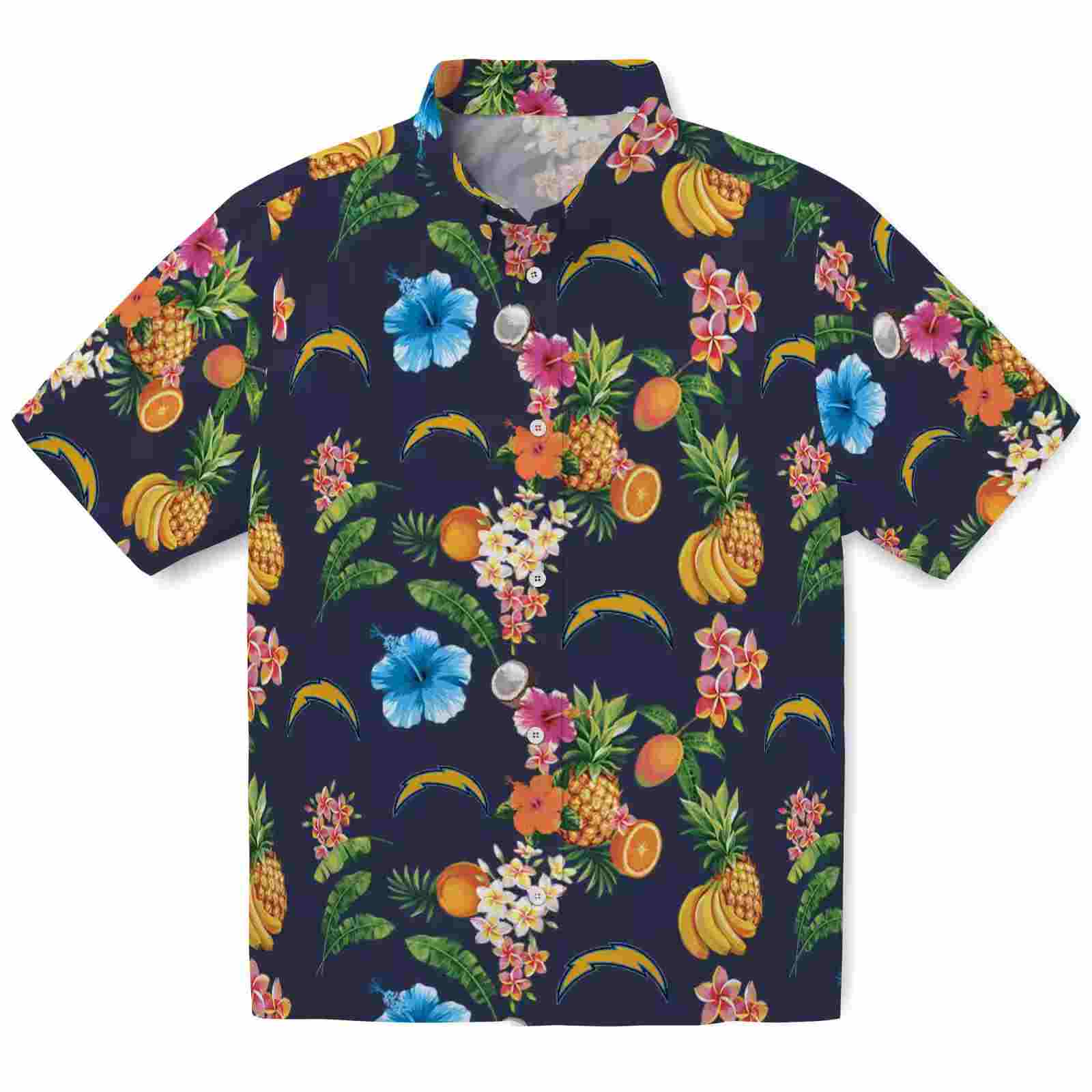 Los Angeles Chargers Hibiscus And Fruit Navy Blue Hawaiian Shirt