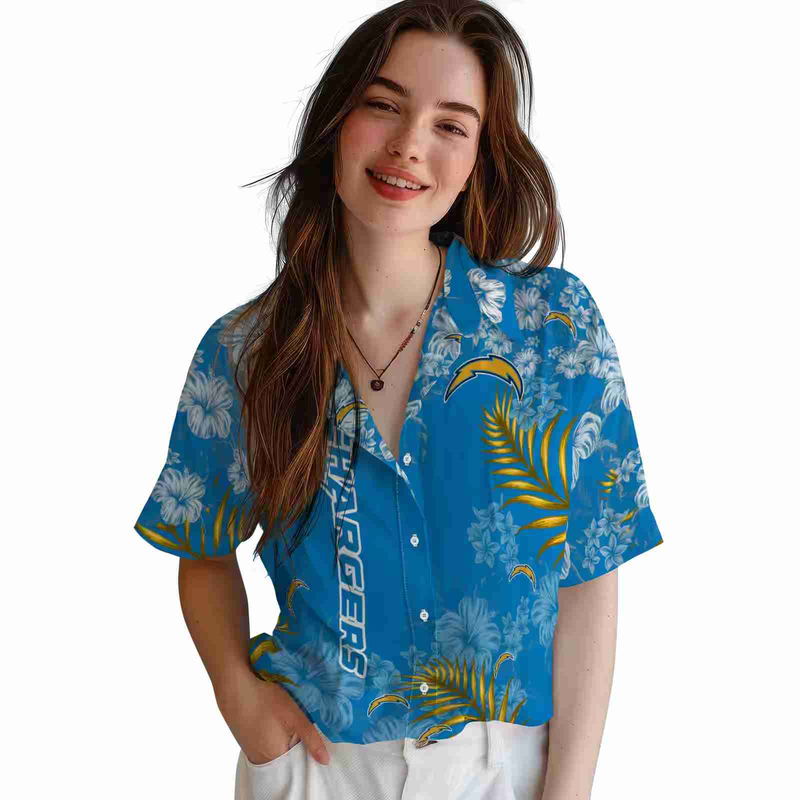 los angeles chargers hibiscus print blue hawaiian shirt latest model