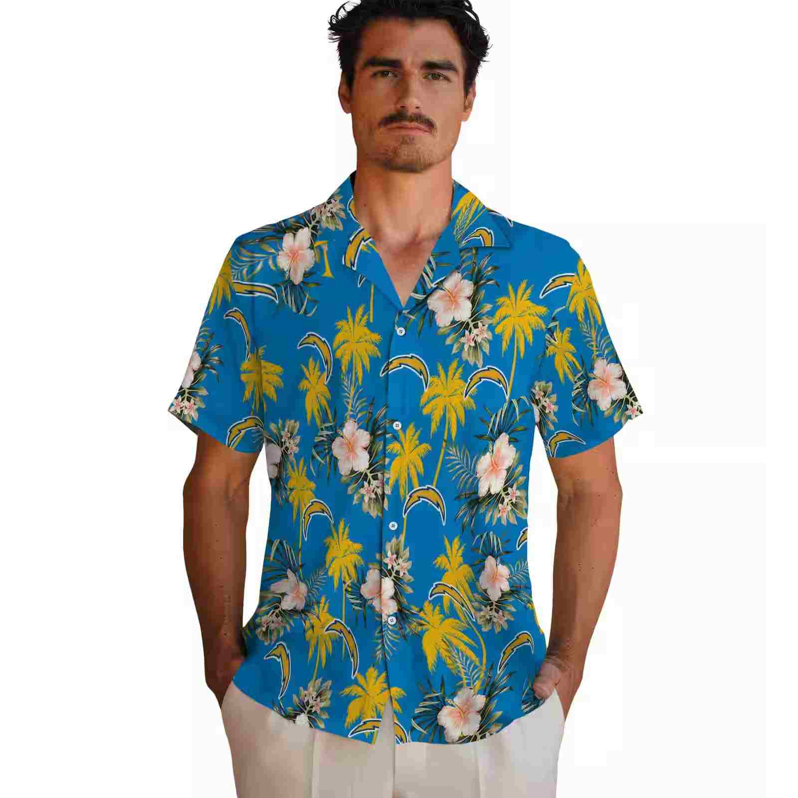 los angeles chargers palm tree flower blue hawaiian shirt fashion forward