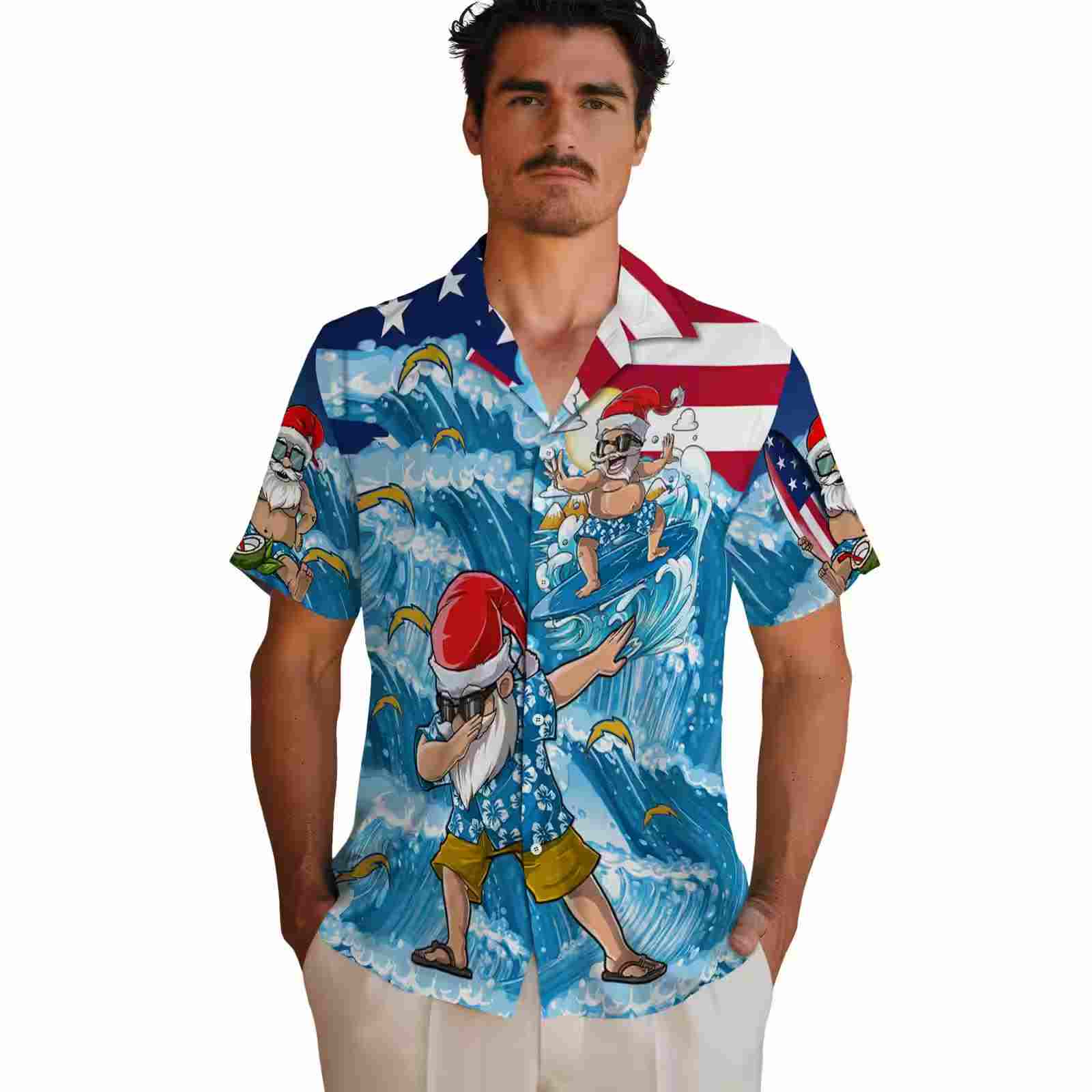 los angeles chargers surfing santa blue hawaiian shirt fashion forward