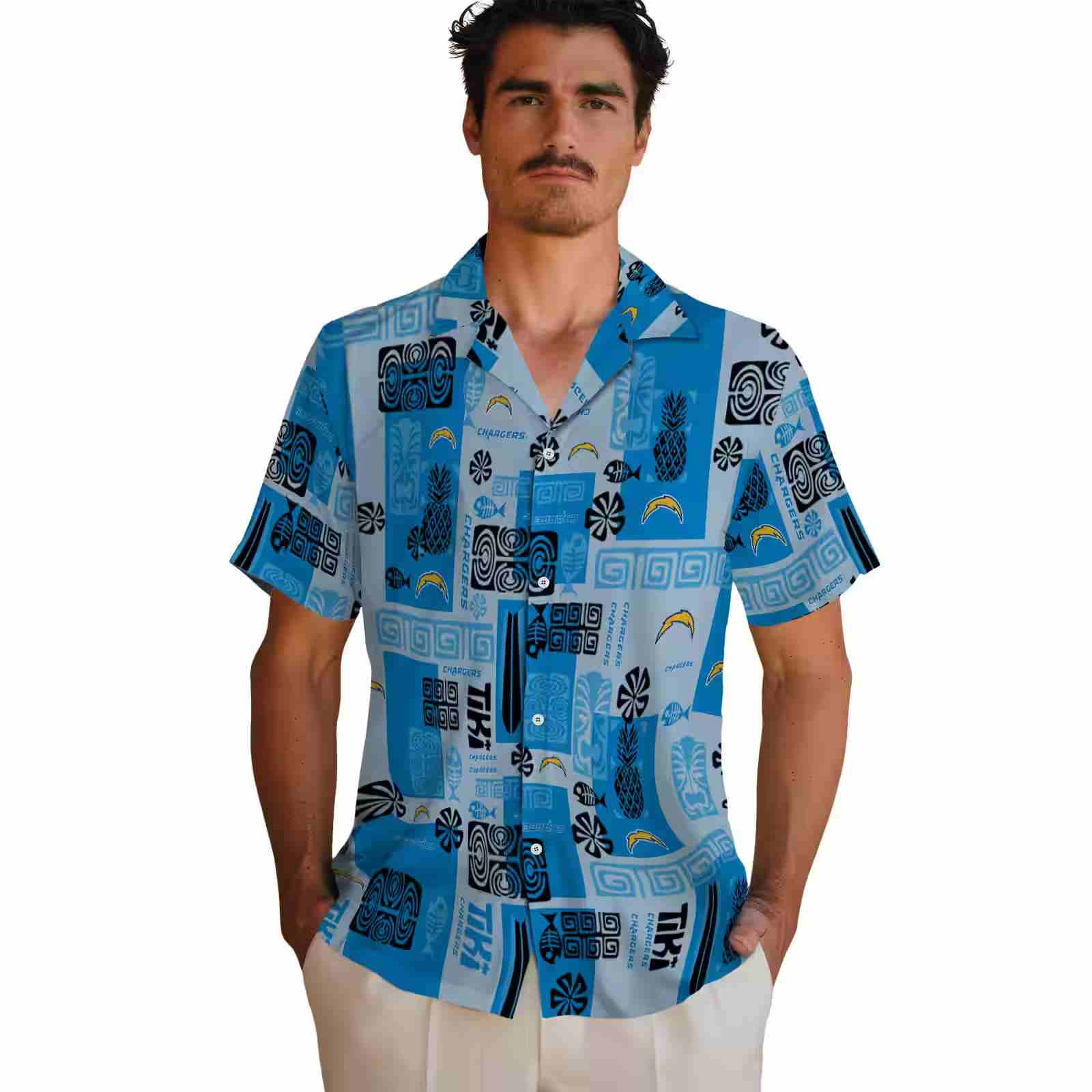 los angeles chargers tribal symbols blue hawaiian shirt fashion forward