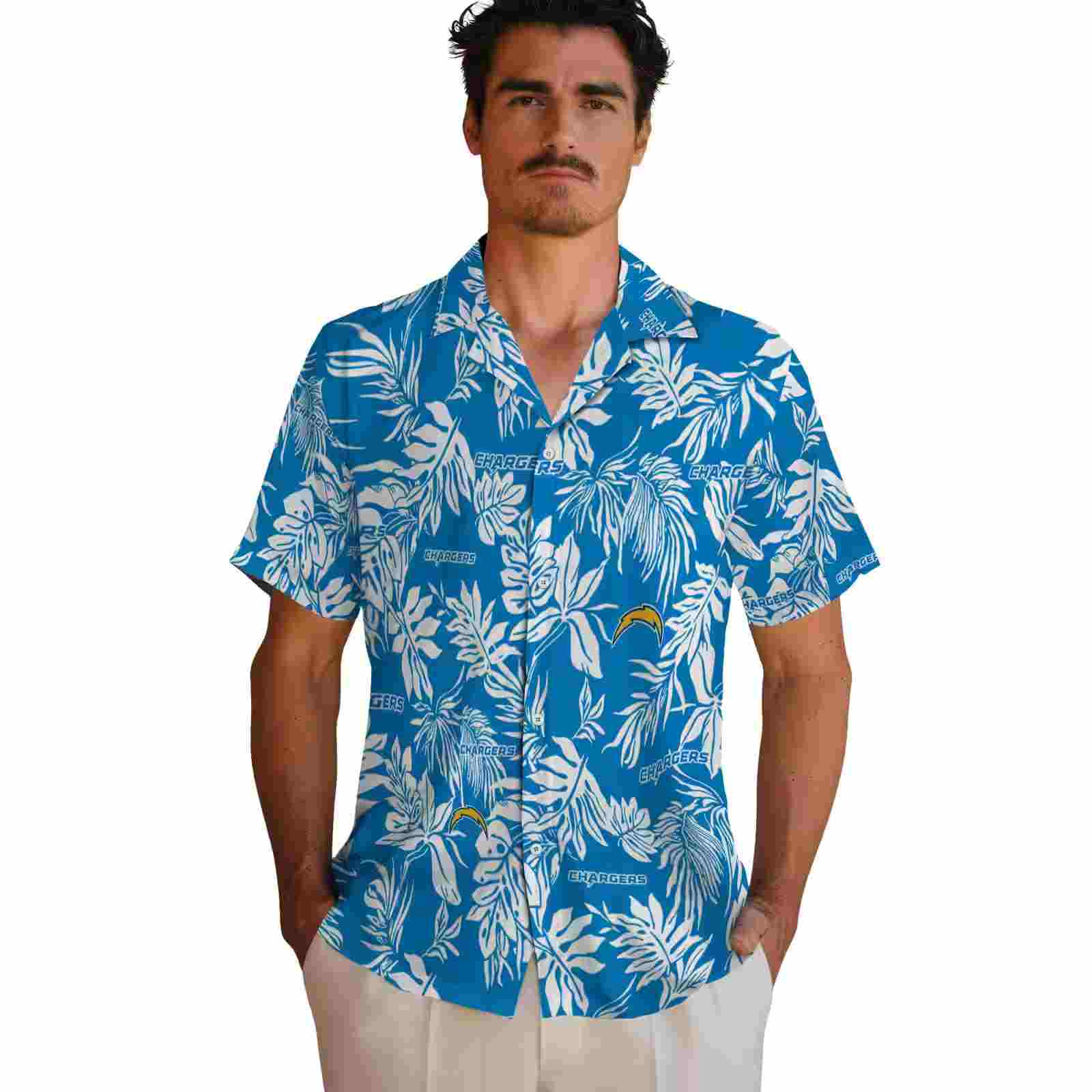 los angeles chargers tropical leaf blue white hawaiian shirt fashion forward