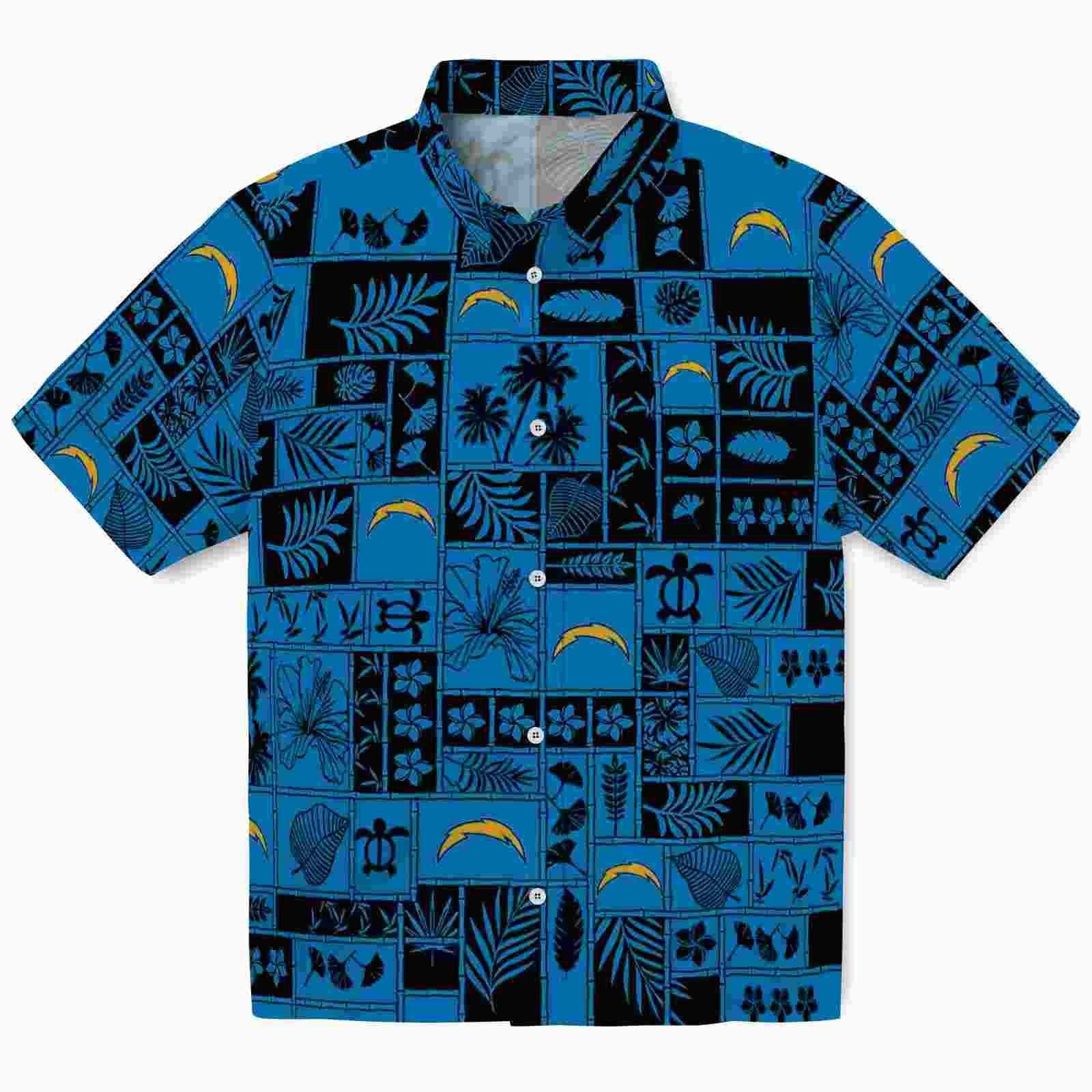 Los Angeles Chargers Tropical Patchwork Blue Black Hawaiian Shirt