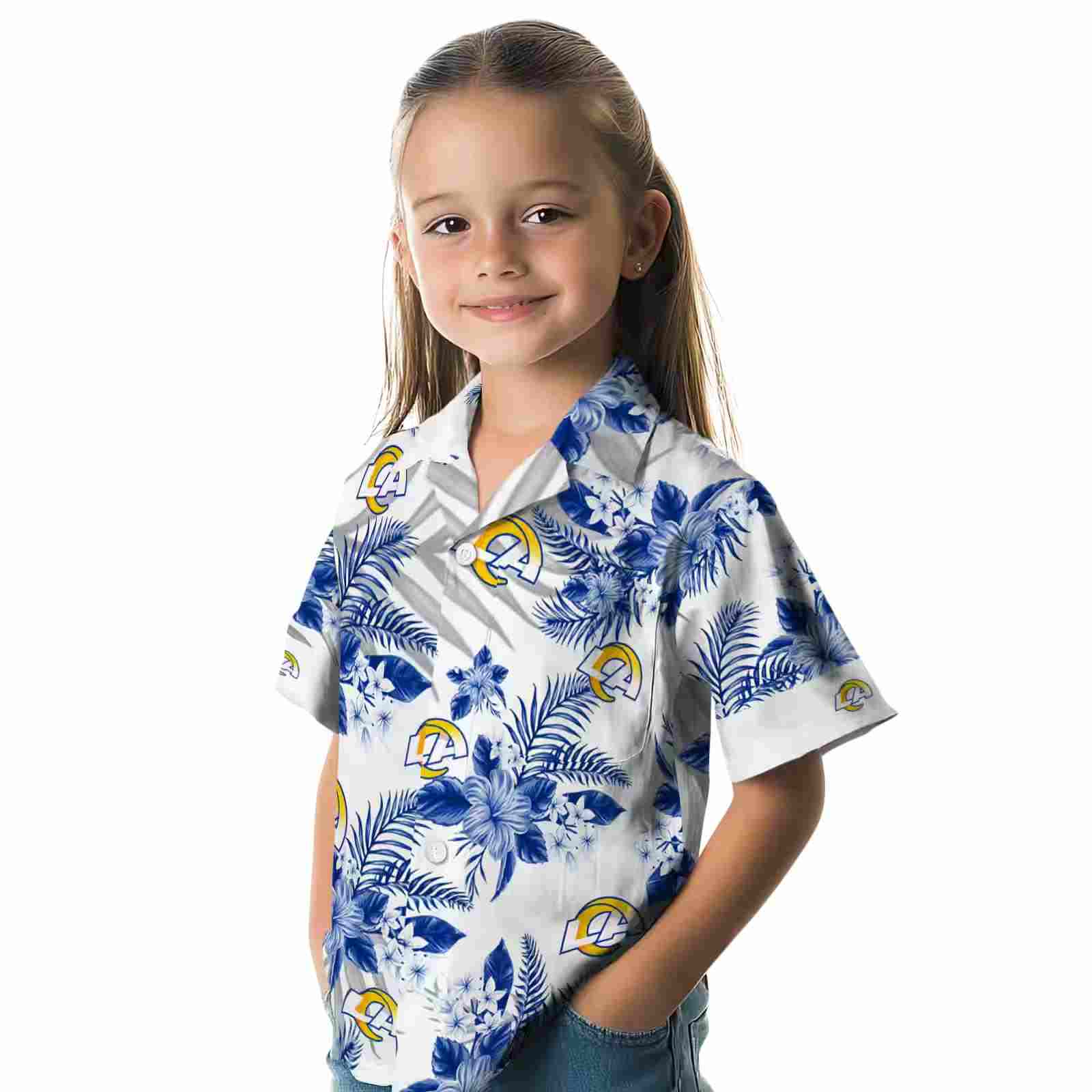 los angeles rams hibiscus palm leaves blue white hawaiian shirt premium grade