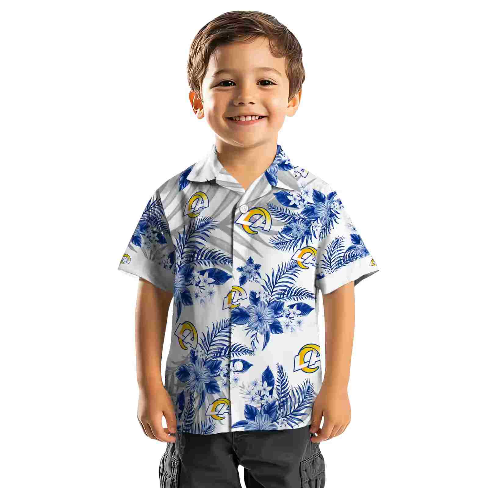 los angeles rams hibiscus palm leaves blue white hawaiian shirt top rated