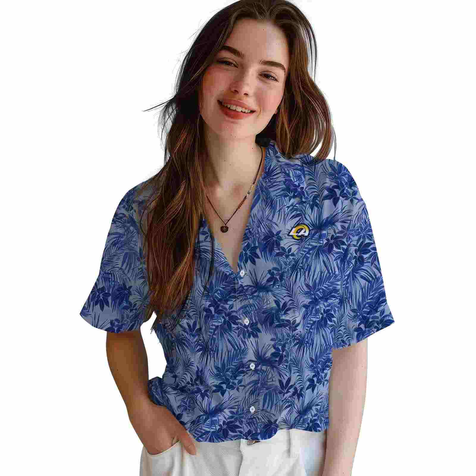 los angeles rams leafy pattern blue hawaiian shirt latest model
