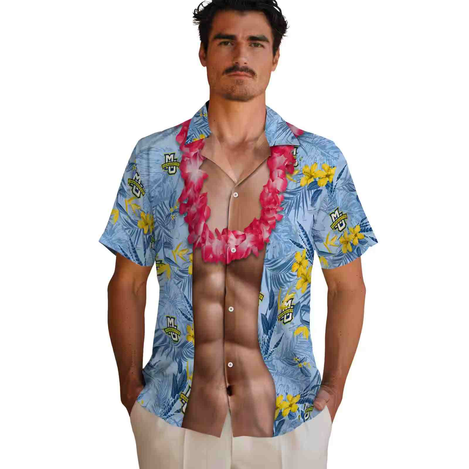 marquette golden eagles chest illusion blue hawaiian shirt fashion forward