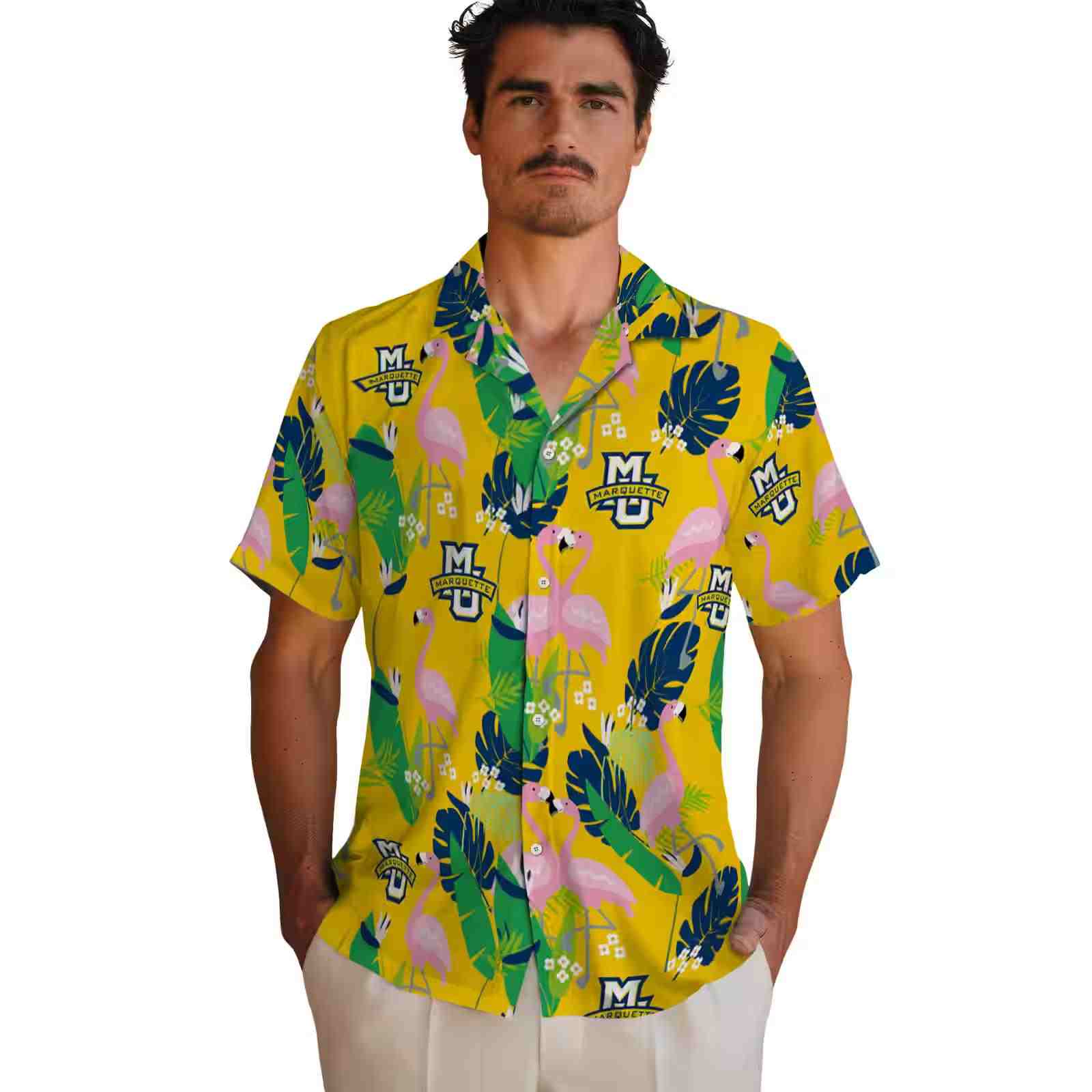 marquette golden eagles flamingo foliage blue green hawaiian shirt fashion forward