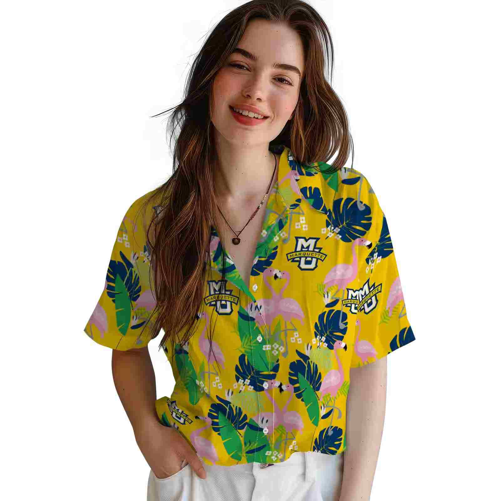 marquette golden eagles flamingo foliage blue green hawaiian shirt latest model