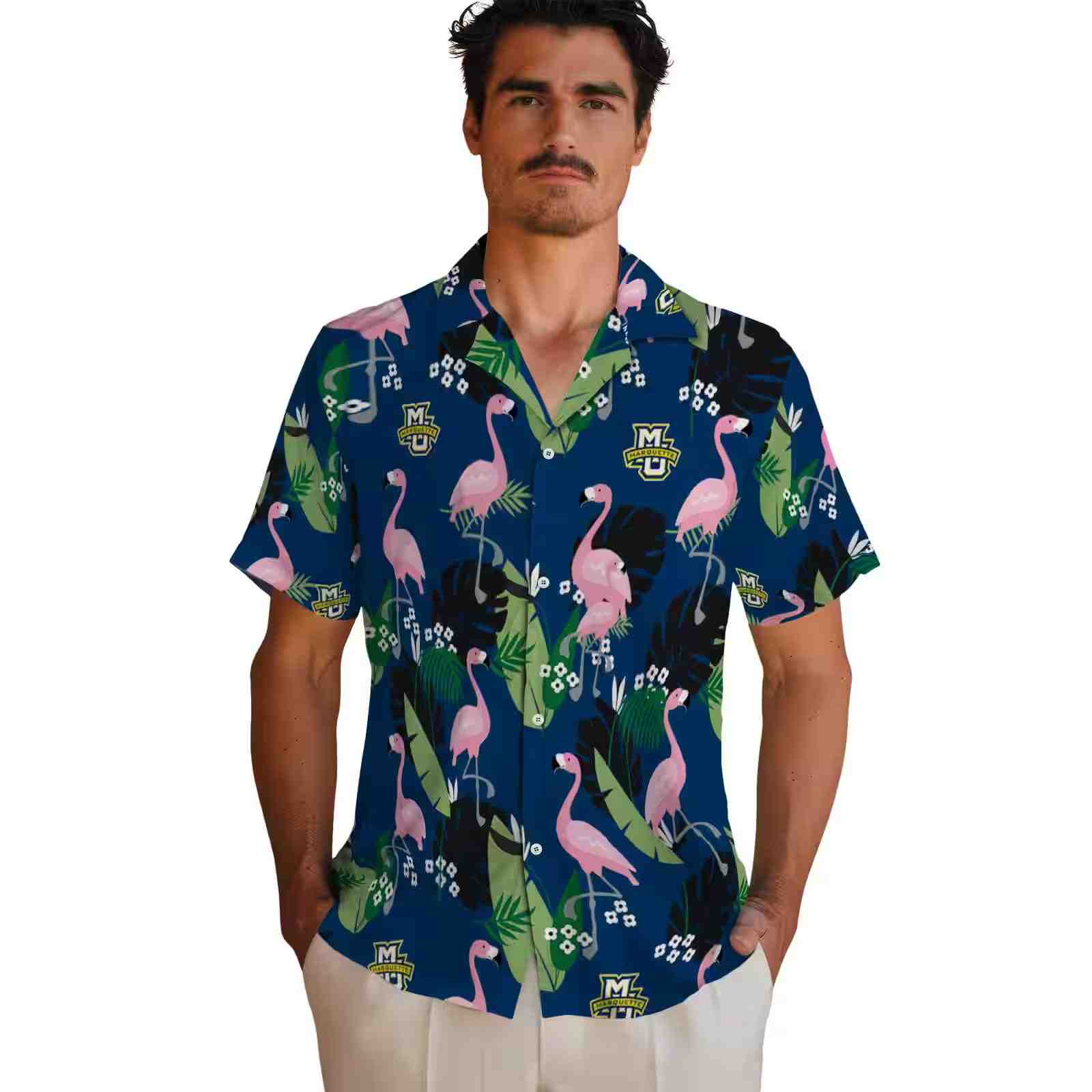 marquette golden eagles flamingo leaf motif blue hawaiian shirt fashion forward