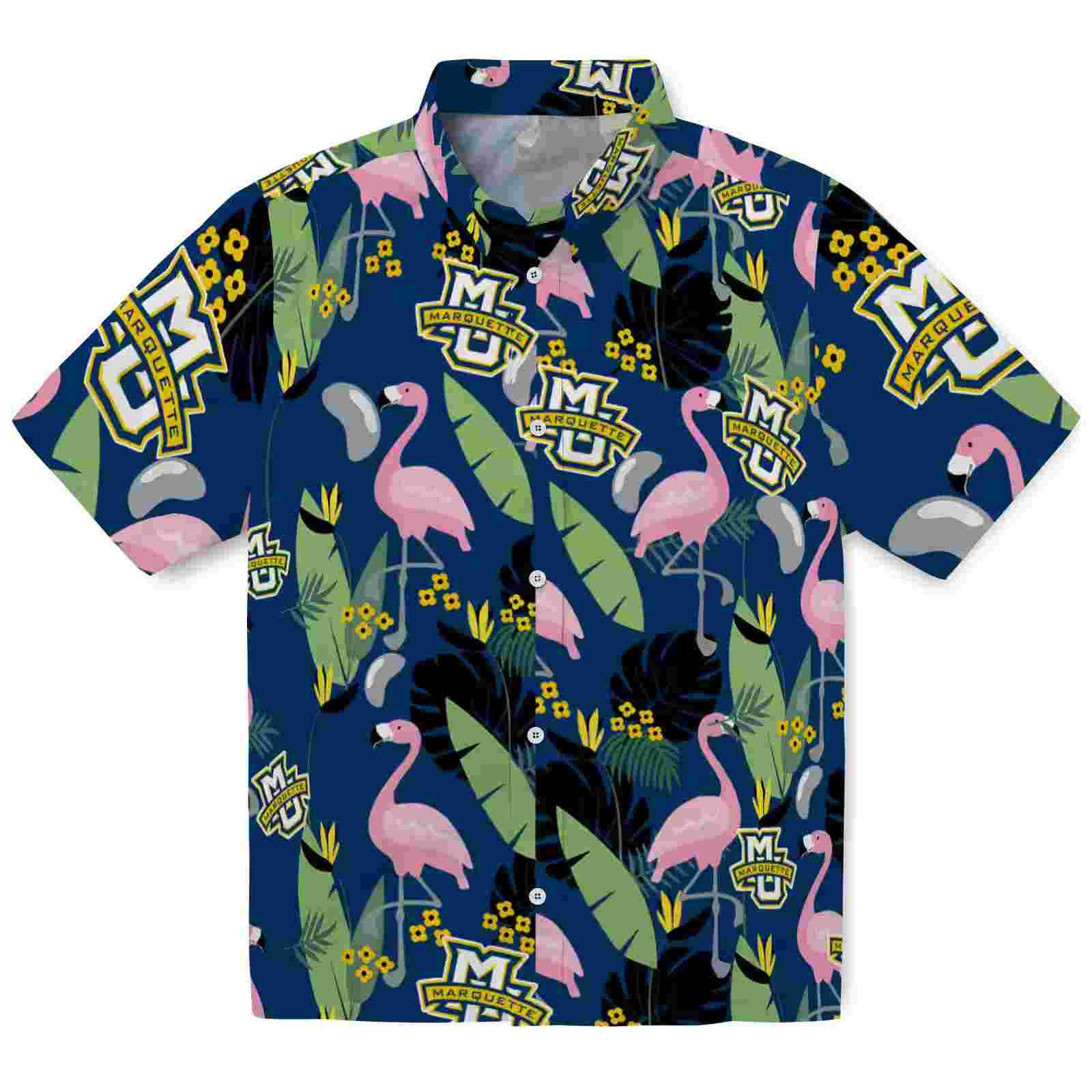 Marquette Golden Eagles Flamingo Leaves Blue Hawaiian Shirt