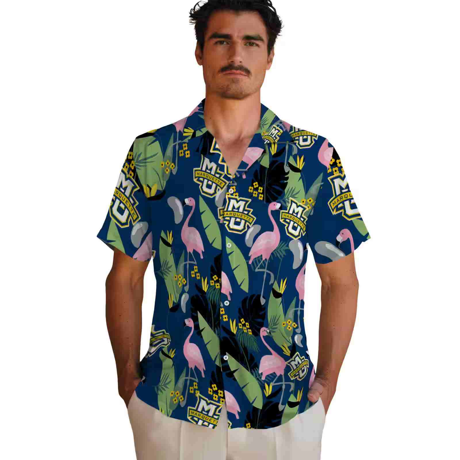 marquette golden eagles flamingo leaves blue hawaiian shirt fashion forward