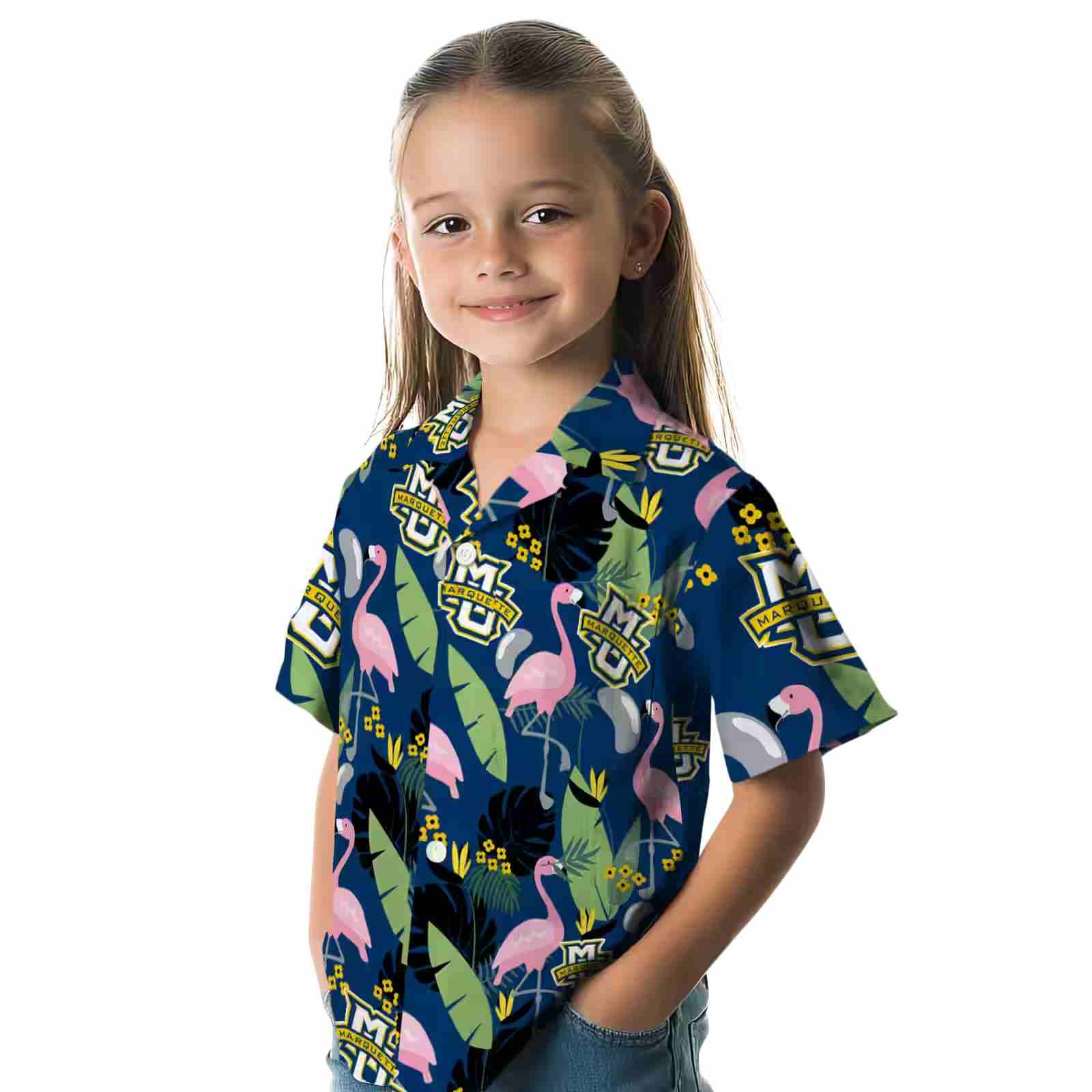 marquette golden eagles flamingo leaves blue hawaiian shirt premium grade