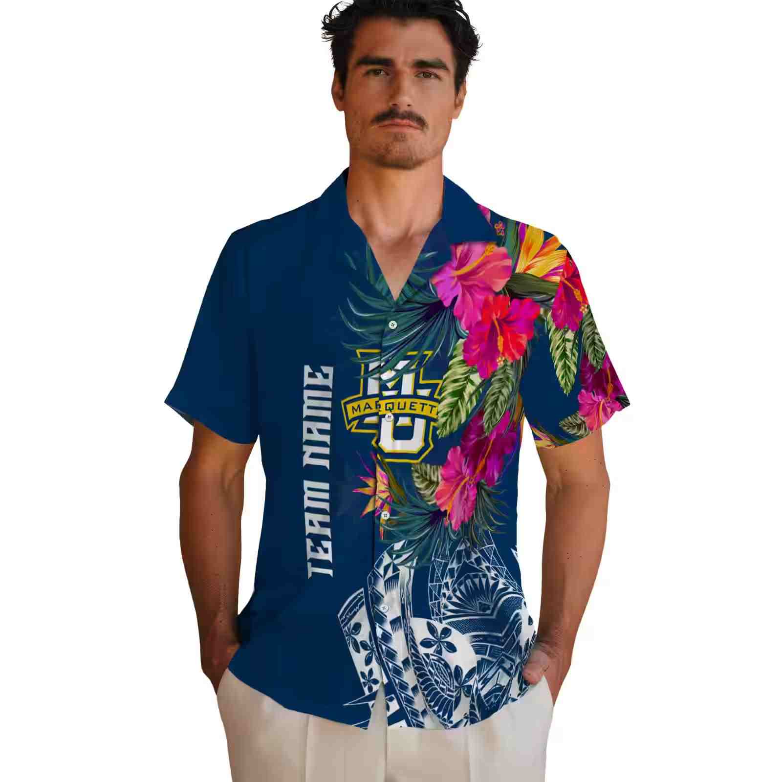 marquette golden eagles floral polynesian blue hawaiian shirt fashion forward