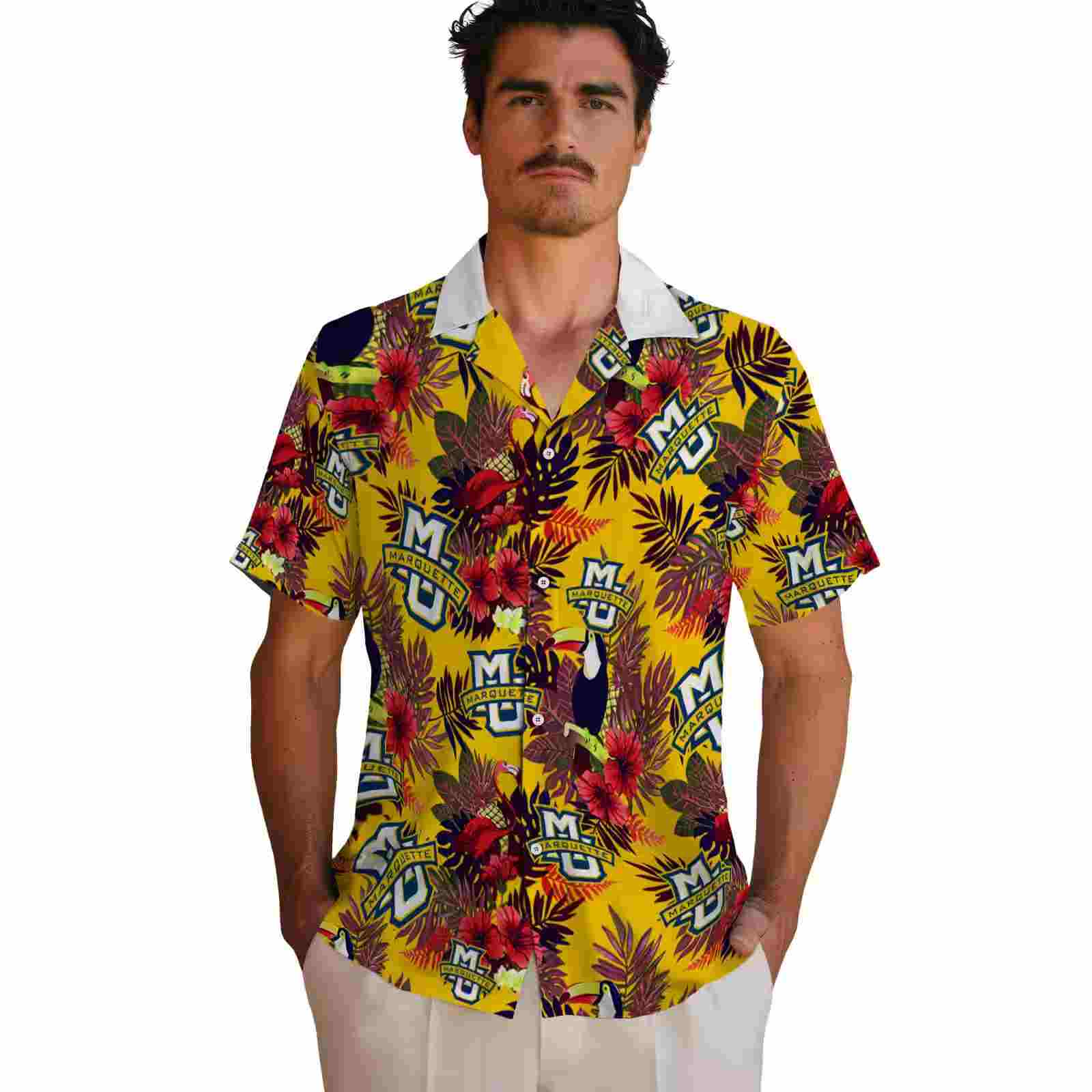 marquette golden eagles floral toucan blue red hawaiian shirt fashion forward