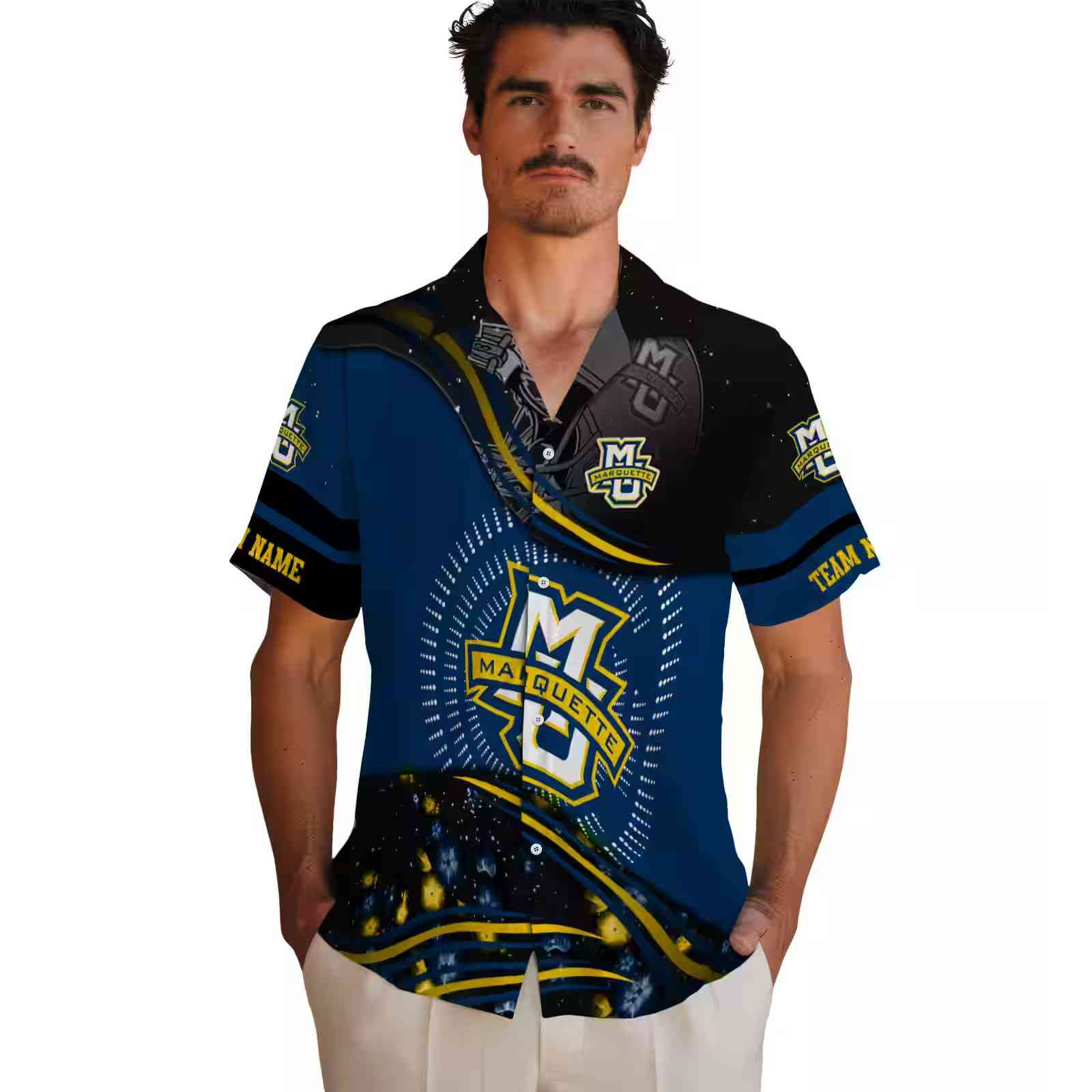 marquette golden eagles football wave blue black hawaiian shirt fashion forward