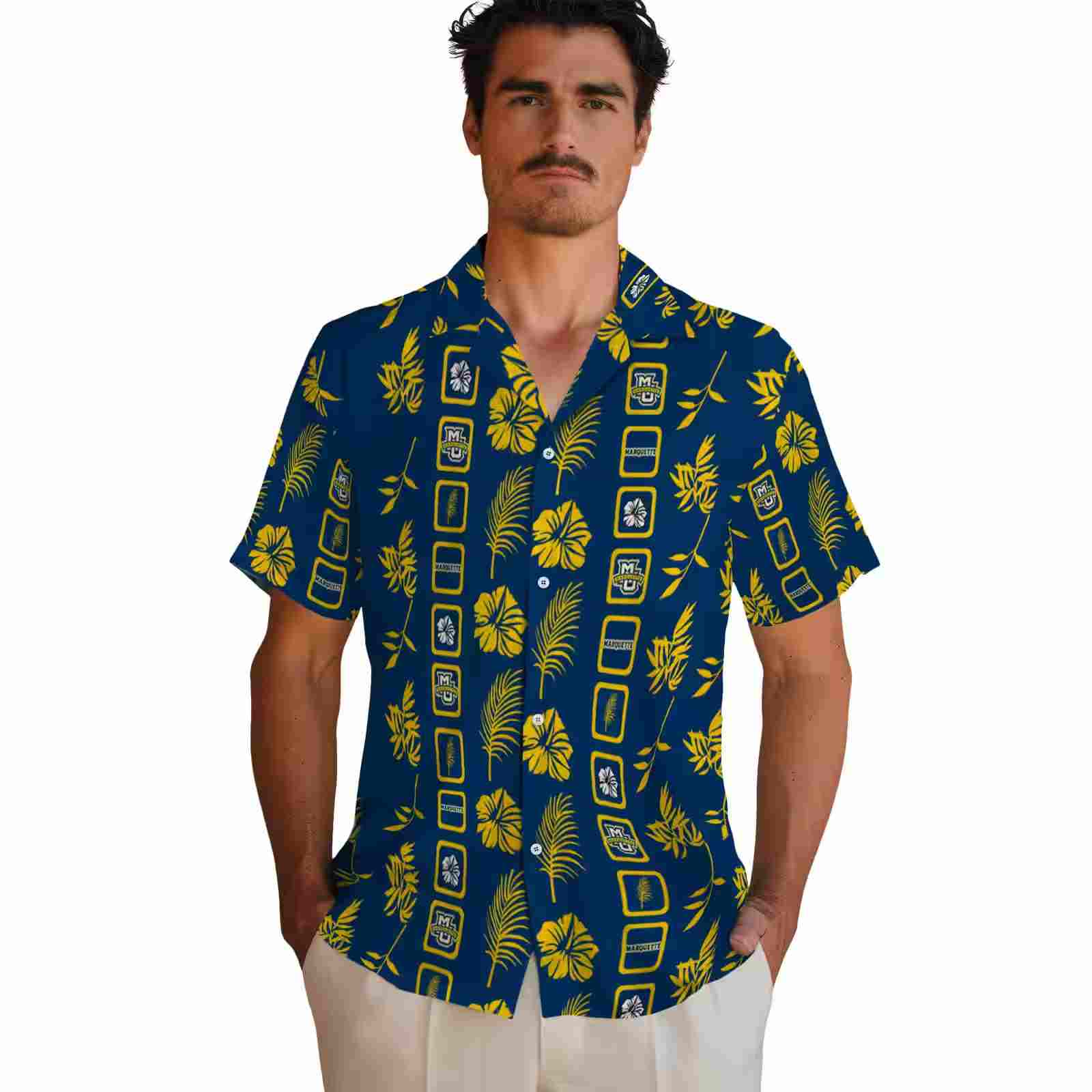 marquette golden eagles framed floral blue hawaiian shirt fashion forward