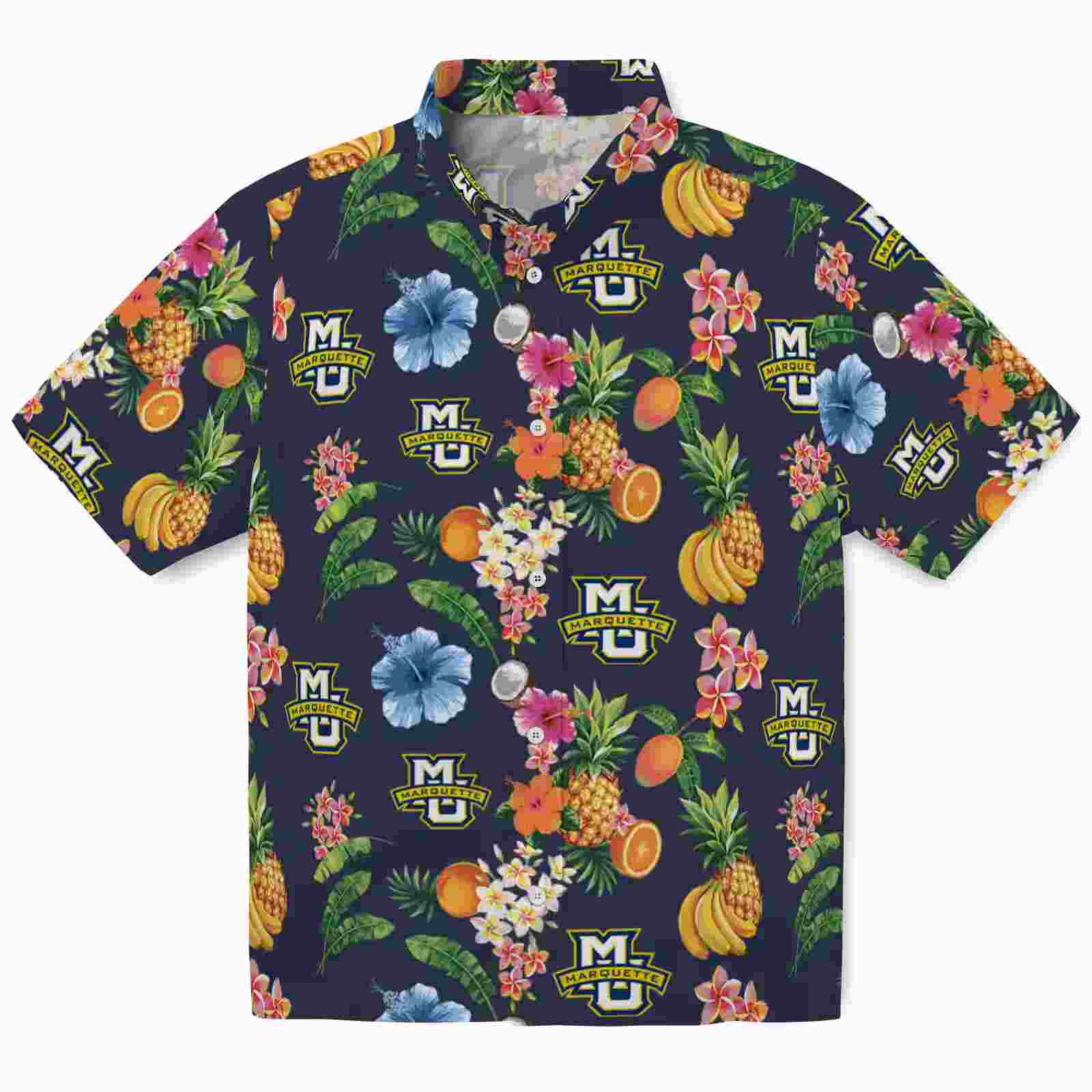 Marquette Golden Eagles Hibiscus And Fruit Navy Blue Hawaiian Shirt