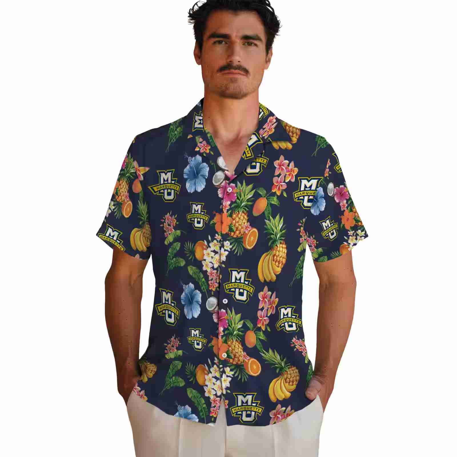 marquette golden eagles hibiscus and fruit navy blue hawaiian shirt fashion forward