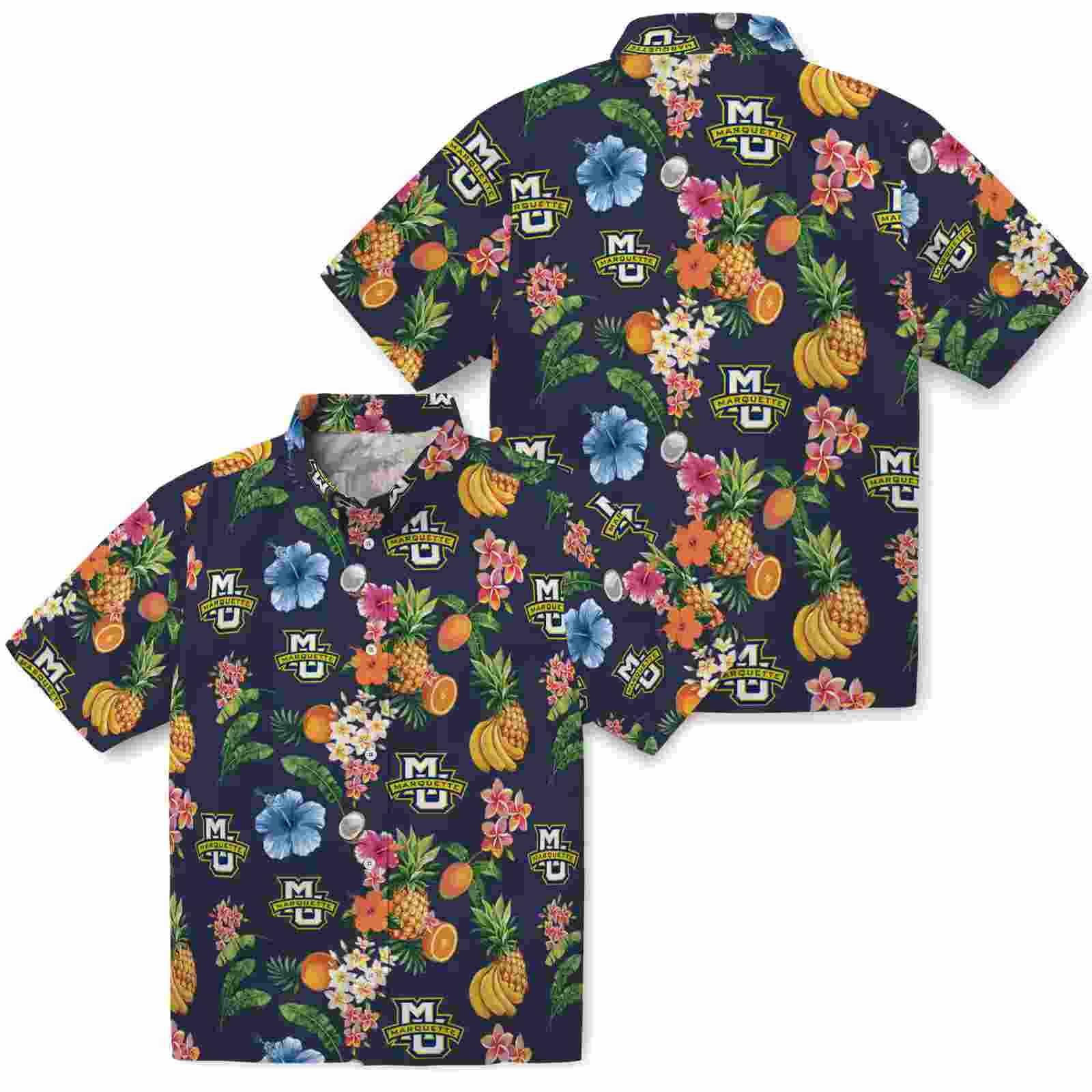 marquette golden eagles hibiscus and fruit navy blue hawaiian shirt high quality