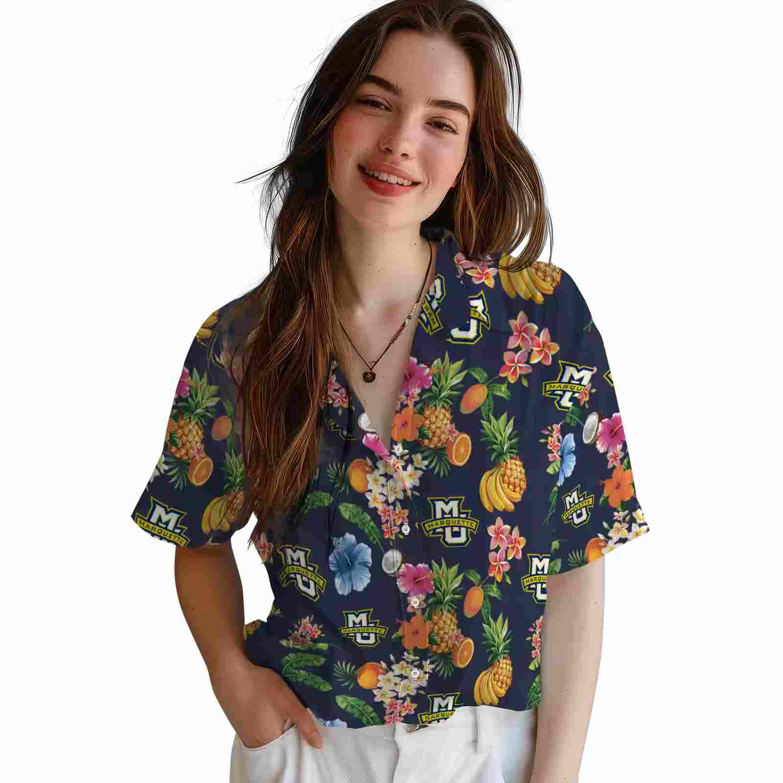 marquette golden eagles hibiscus and fruit navy blue hawaiian shirt latest model